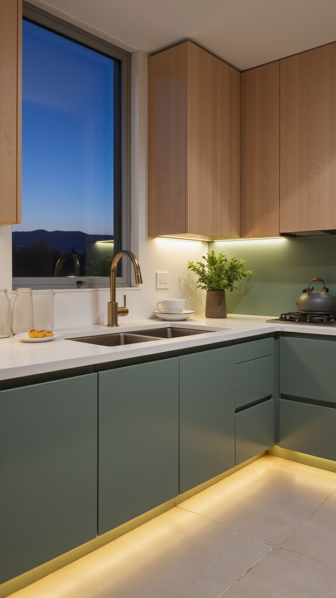 Contemporary 12x14ft kitchen at dusk featuring sage green lower cabinets, light timber uppers, LED accent lighting, and minimalist decor with brass fixtures.