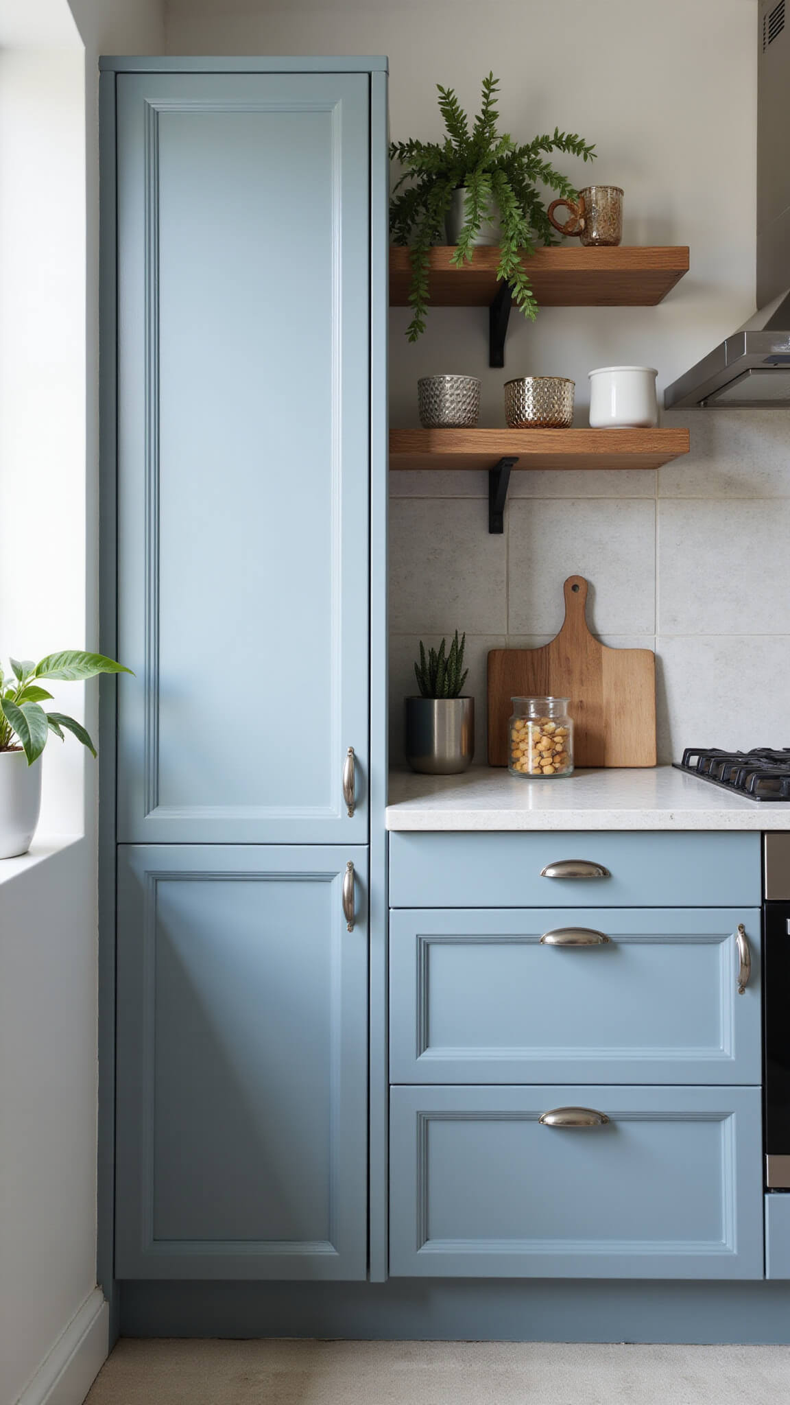 Compact 10x10ft kitchen with dusty blue floor-to-ceiling cabinets, bright natural light highlighting color variations, featuring mixed metallics, geometric patterns, and vertical storage solutions.