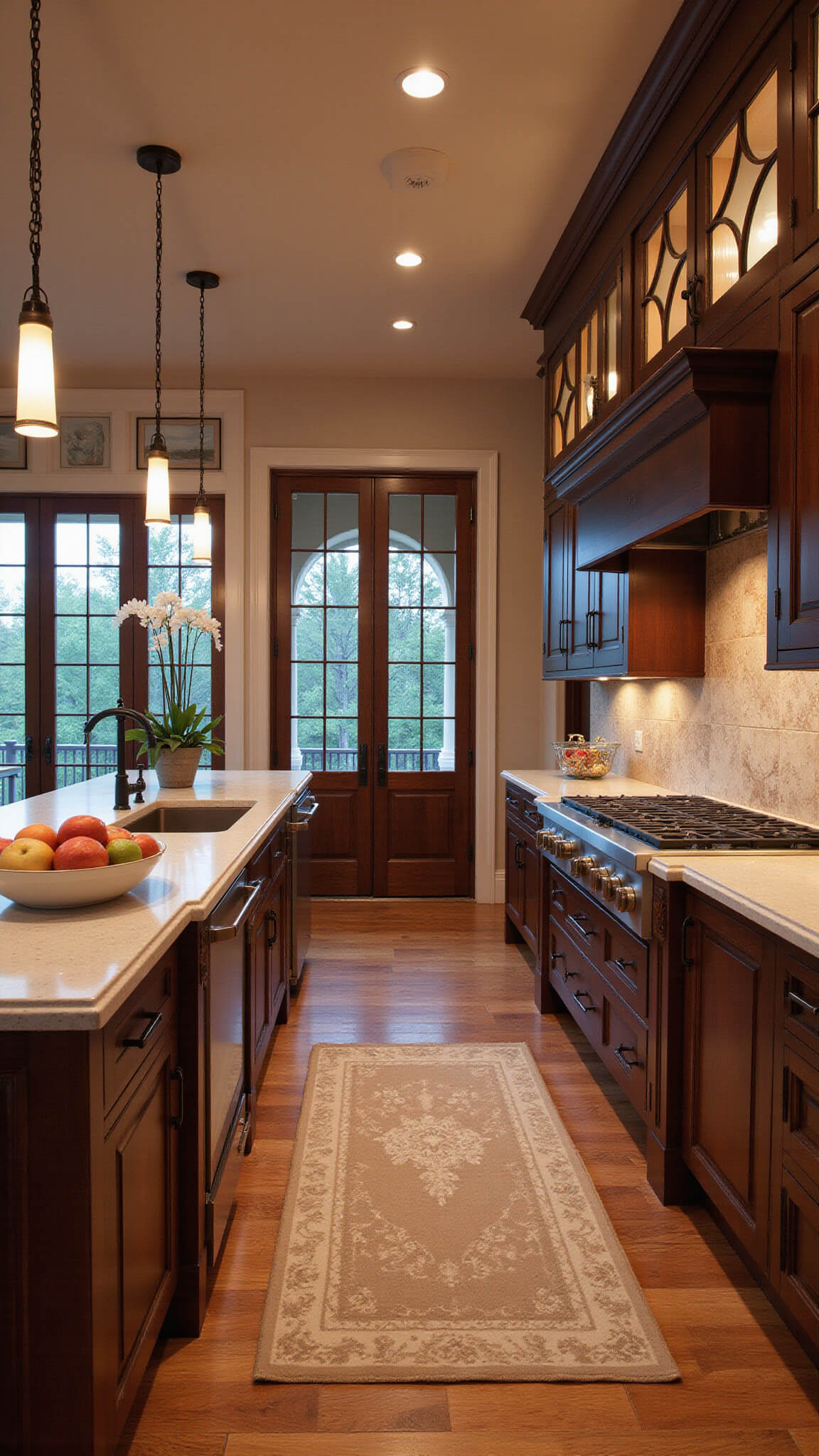 Spacious 16x18ft kitchen at sunset with dark timber cabinets, fluted glass uppers, hidden appliance garage, warm directional lighting, and styled with vintage décor and contemporary art.
