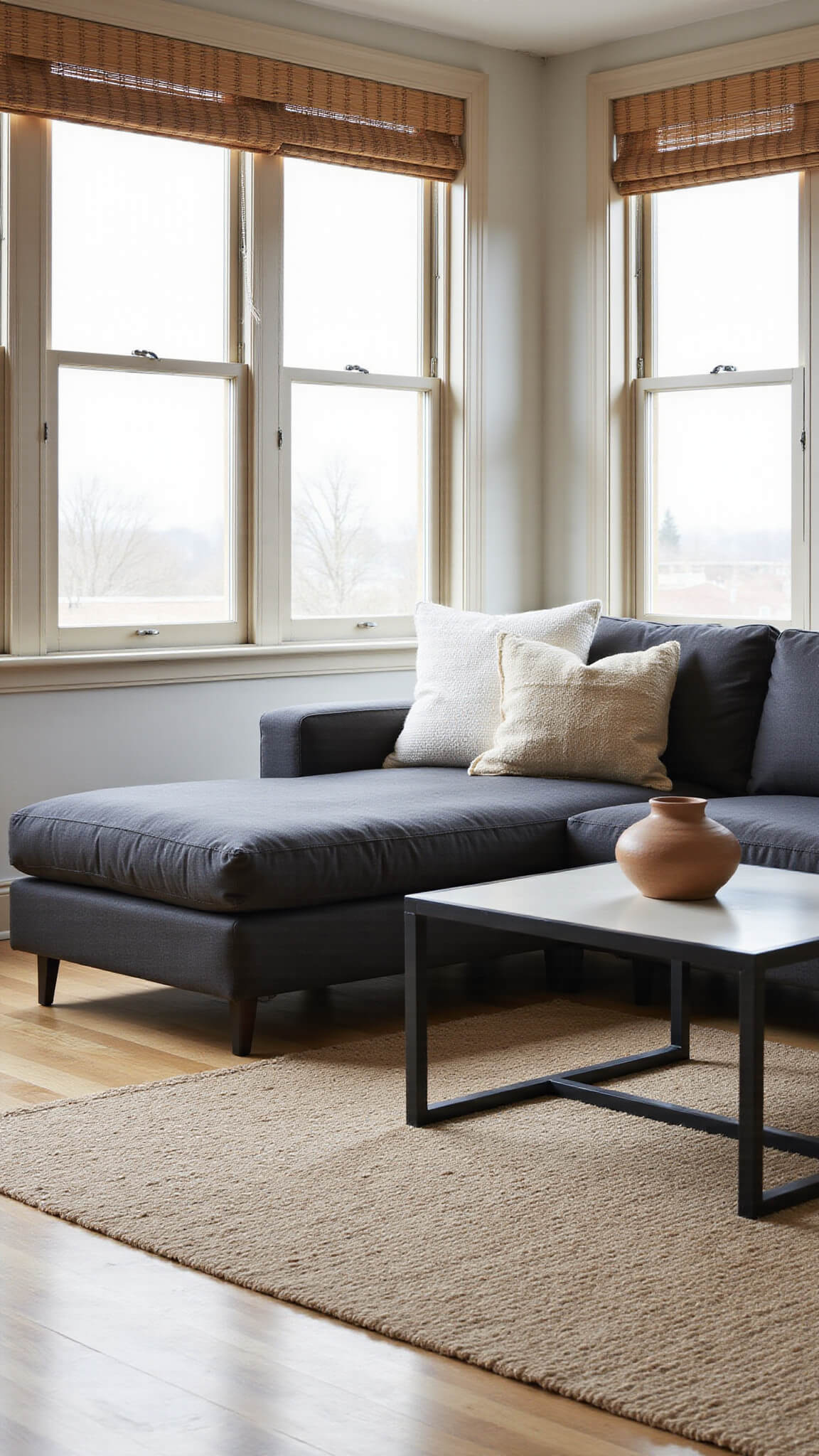 Japandi-style sunlit living room with charcoal sofa, cream pillows, oak herringbone floors, and bamboo shades.