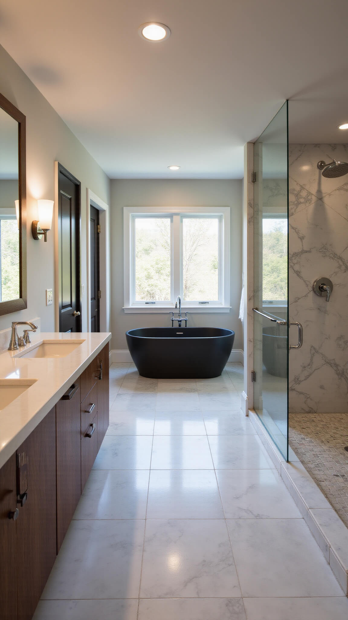 Luxury wet room master bathroom with Italian marble surfaces, matte black soaking tub, floating walnut vanity, and golden hour side lighting.