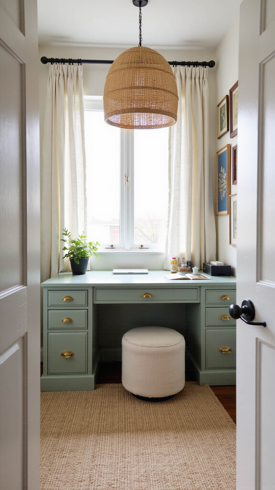Multifunctional 10x12ft home office nook with sage green built-in desk, brass hardware, bouclé storage ottomans, rattan pendant lamp, and gallery wall in diffused mid-morning light.