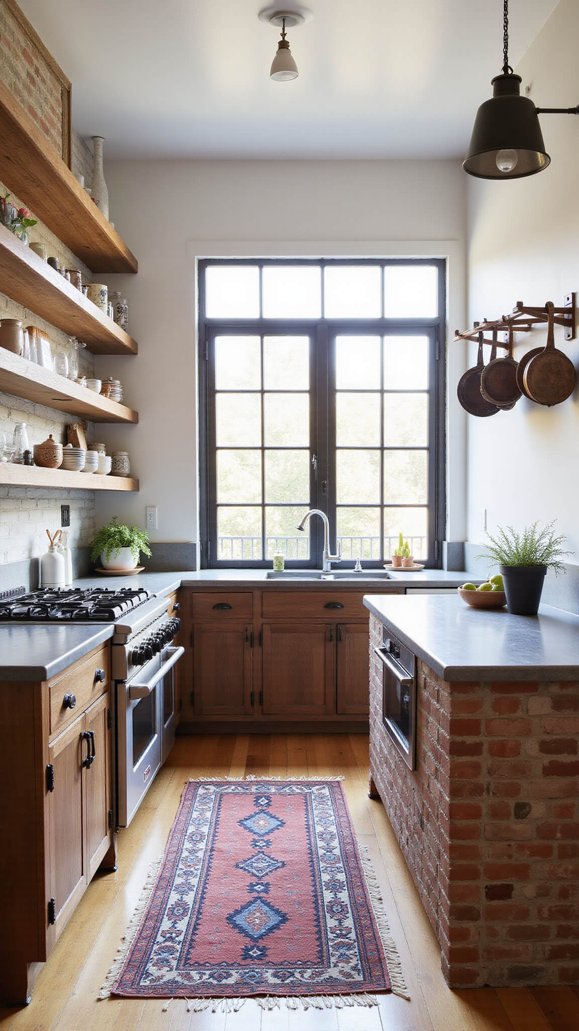 Sustainable 15x18ft kitchen with soapstone counters, reclaimed wood shelves holding ceramics, copper pot rack over brick island, and early morning light streaming through steel windows.