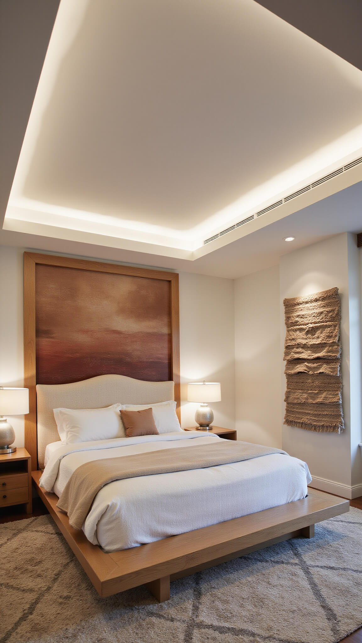 Contemporary bedroom with tray ceiling, platform bed in bleached oak and ivory bouclé, abstract terra cotta artwork, geometric wool carpet, and ambient dusk lighting.