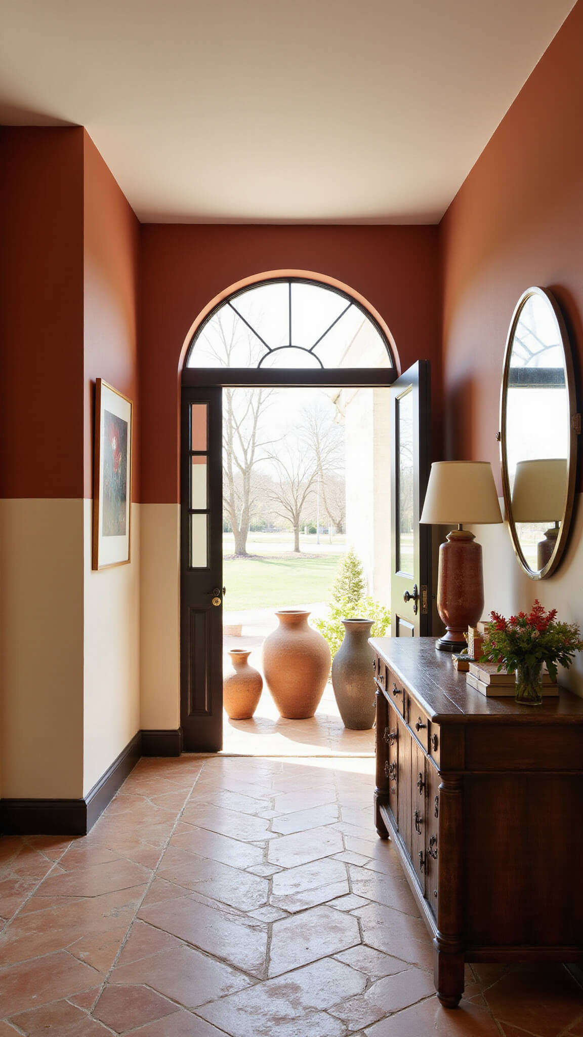 Bold terracotta and cream entryway with vintage console, brass-framed round mirror, ceramic decor, and geometric terra cotta tile floor framed by archway in dramatic midday light.