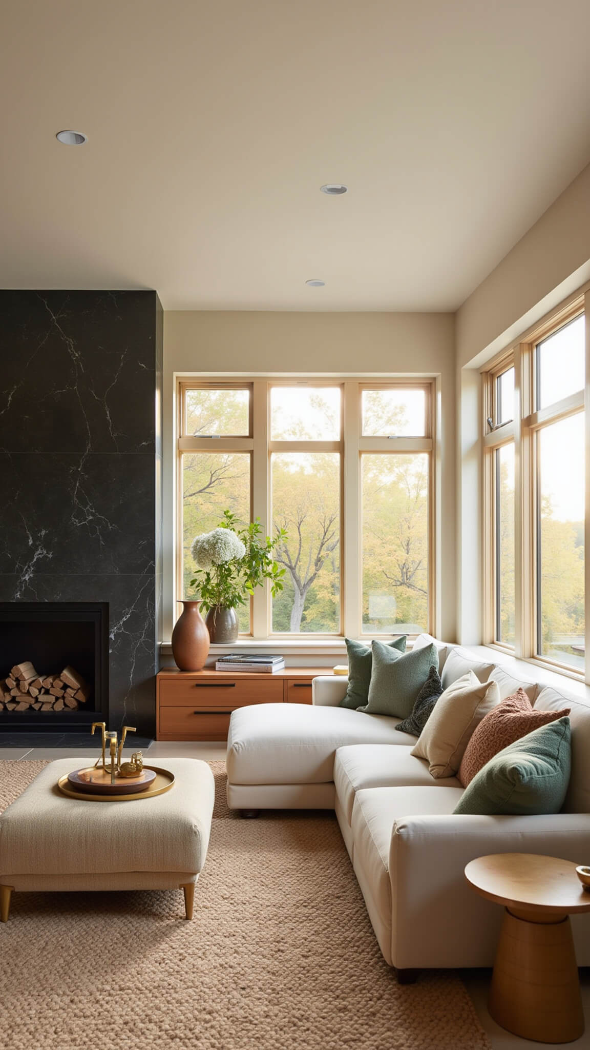 Contemporary living room with ivory L-shaped sofa, golden hour light through floor-to-ceiling windows, black marble fireplace, and walnut shelving.