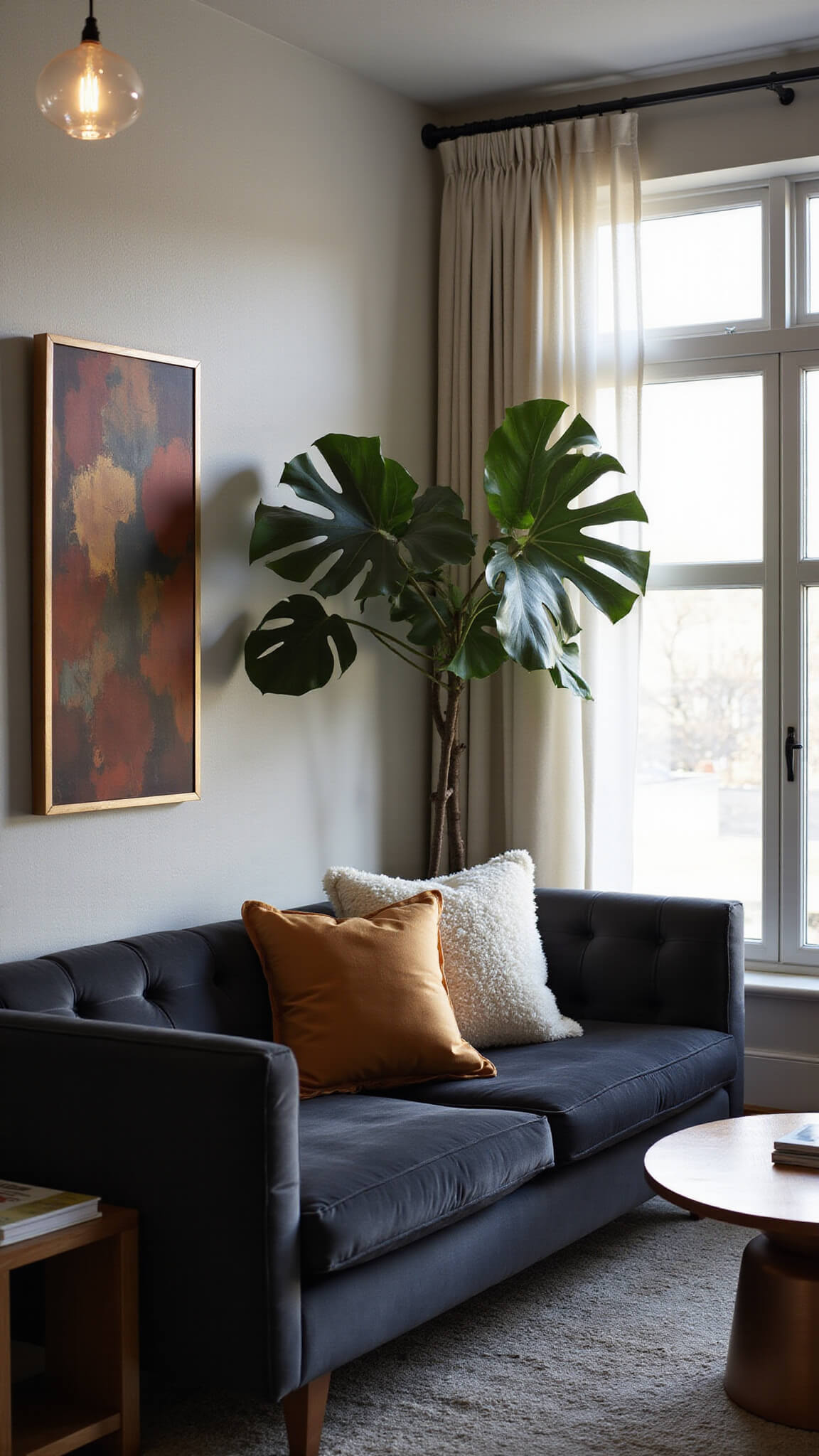 Contemporary living room with charcoal velvet sectional, gold and copper accents, fiddle leaf fig by tall windows, and layered textures under warm pendant lighting.