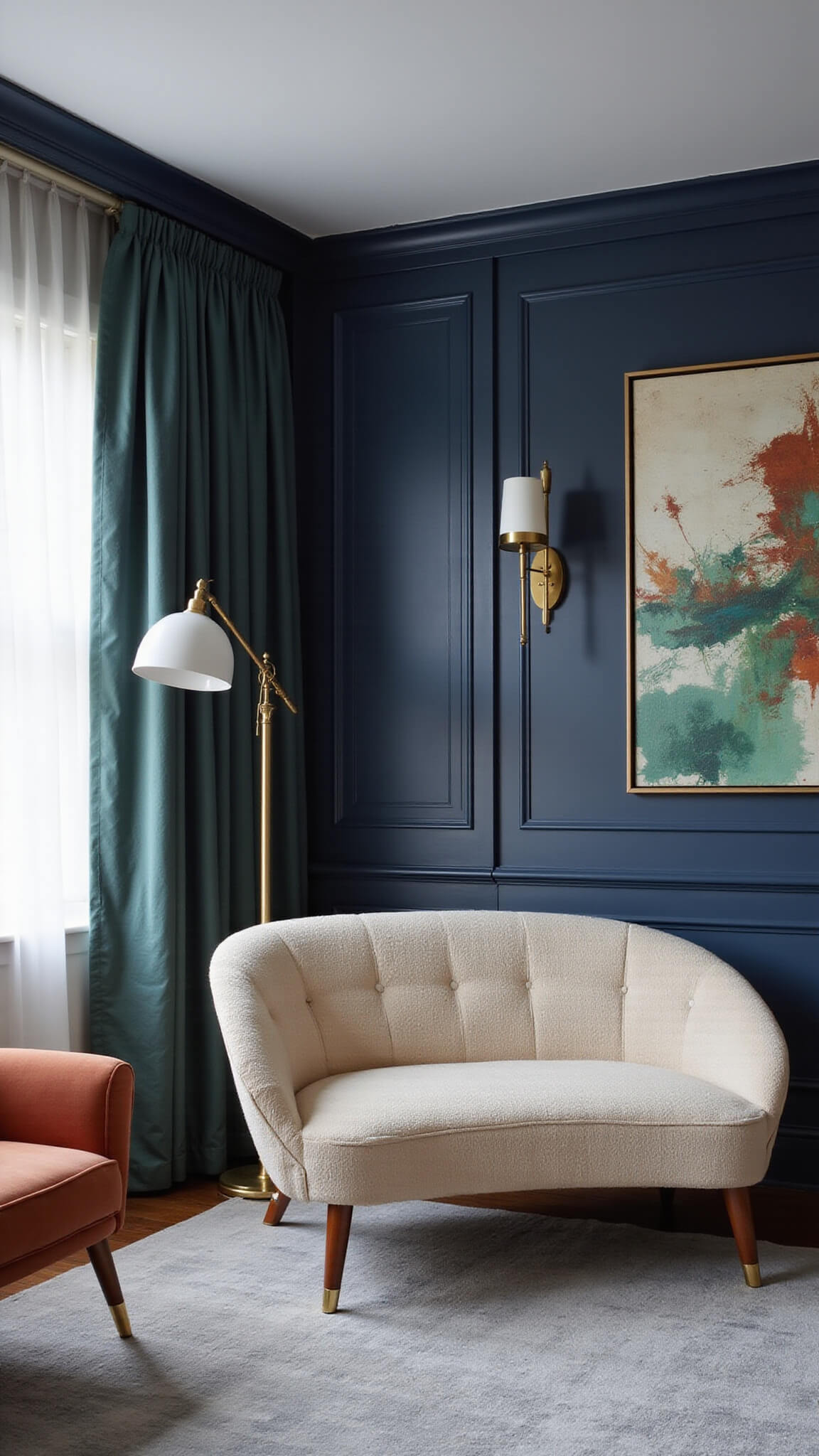 Elegant 18x22ft living room at blue hour with curved cream bouclé sofa, navy walls, brass lighting, abstract art in emerald and rust, velvet chairs, silk drapes, and silvery gray wool rug.