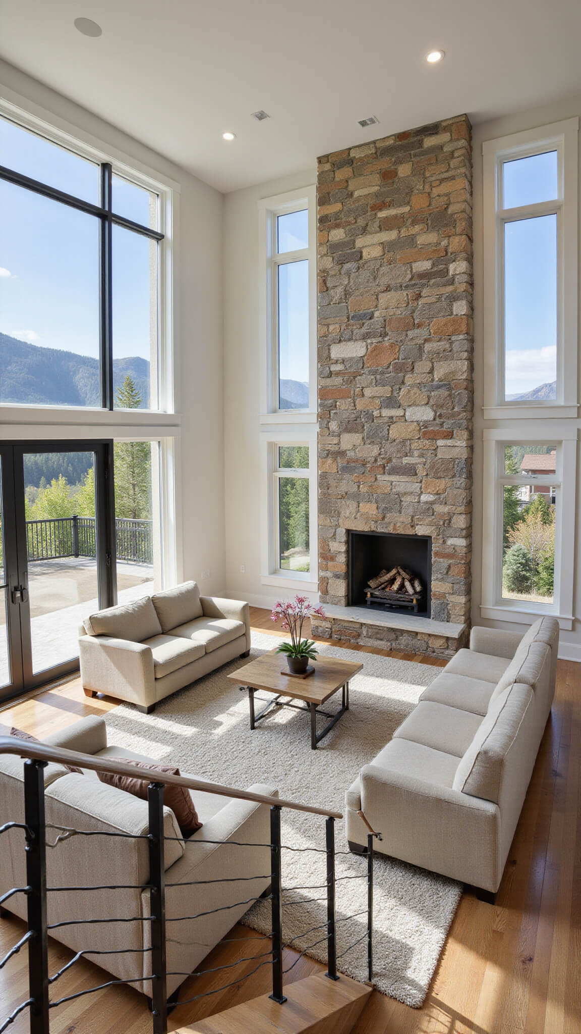 Sunlit contemporary great room with mountain views, floating staircase, modern neutral furnishings, and large stone fireplace viewed from second-story landing.