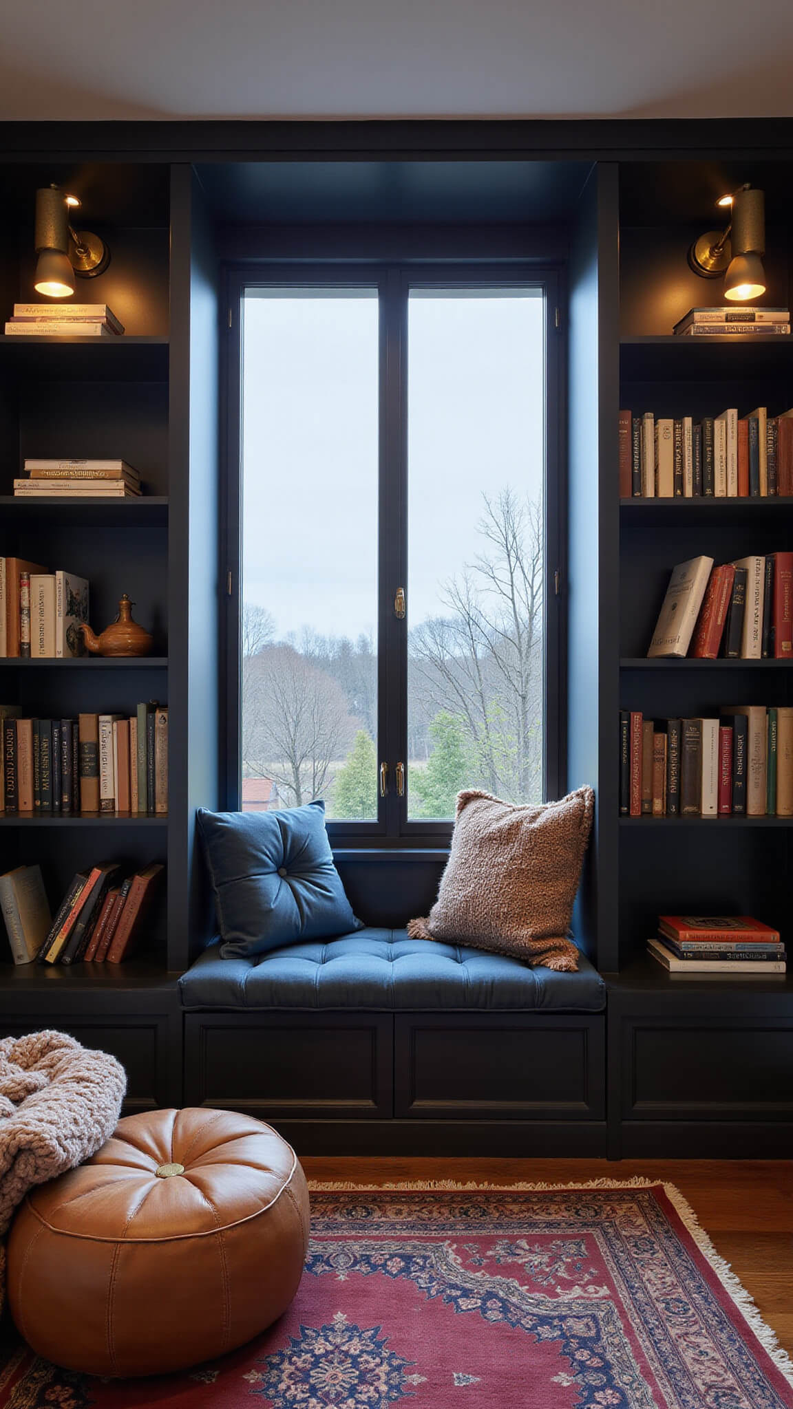 Cozy 14x16ft reading nook at dusk with slate blue tufted window seat, matte black bookshelves, brass sconces, leather poufs, knit throws, and a burgundy vintage rug.