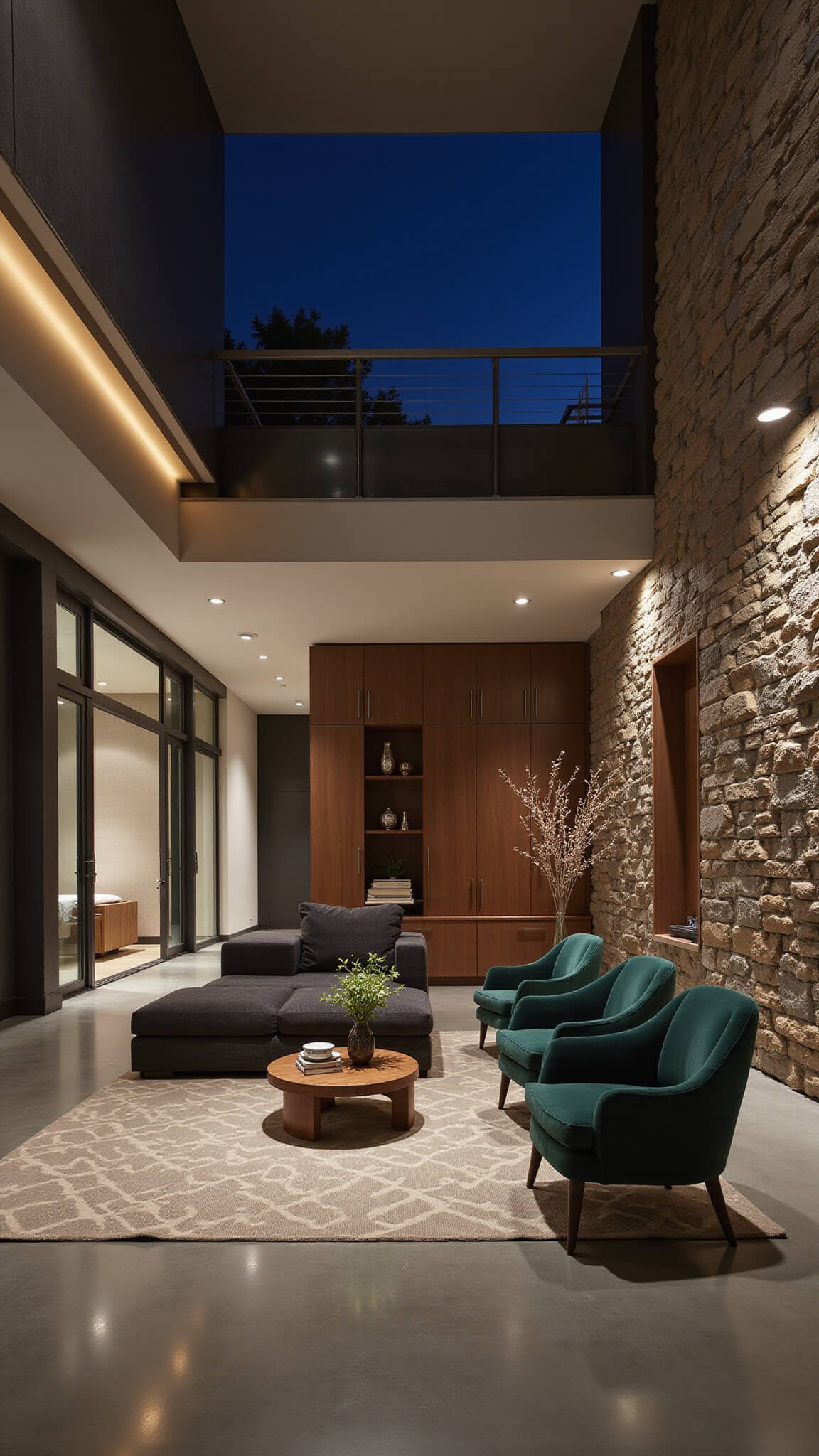 Contemporary 20x24ft living room at night with cove lighting, uplit stone walls, charcoal bouclé sectional, emerald velvet chairs, and polished concrete floors.