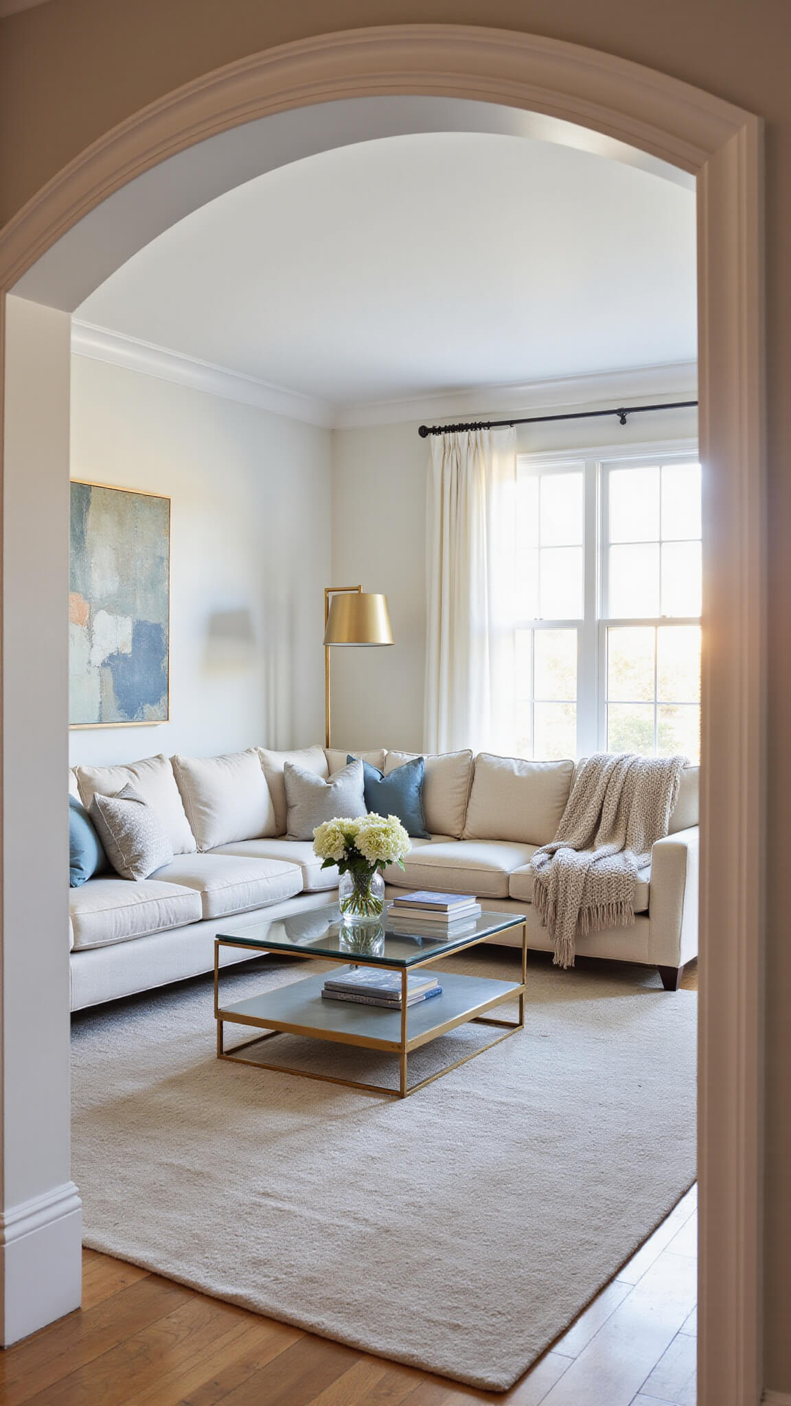 Transitional living room with cream L-shaped sectional on greige rug, brass floor lamp, modern glass coffee table, and golden hour light filtering through floor-to-ceiling windows onto herringbone floors.