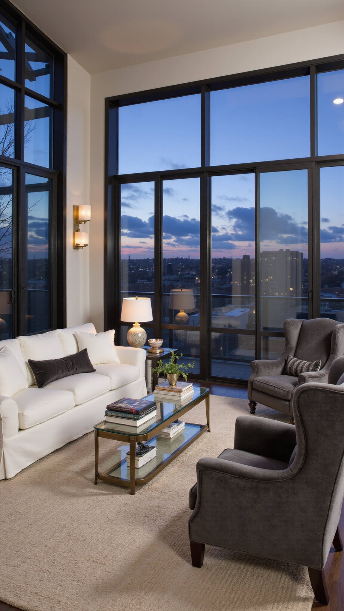 Dramatic dusk view of transitional living room with white slipcovered sofa, charcoal wingback chairs, black steel windows, layered lighting, ivory rug on dark wood floors, and styled glass-brass coffee table.