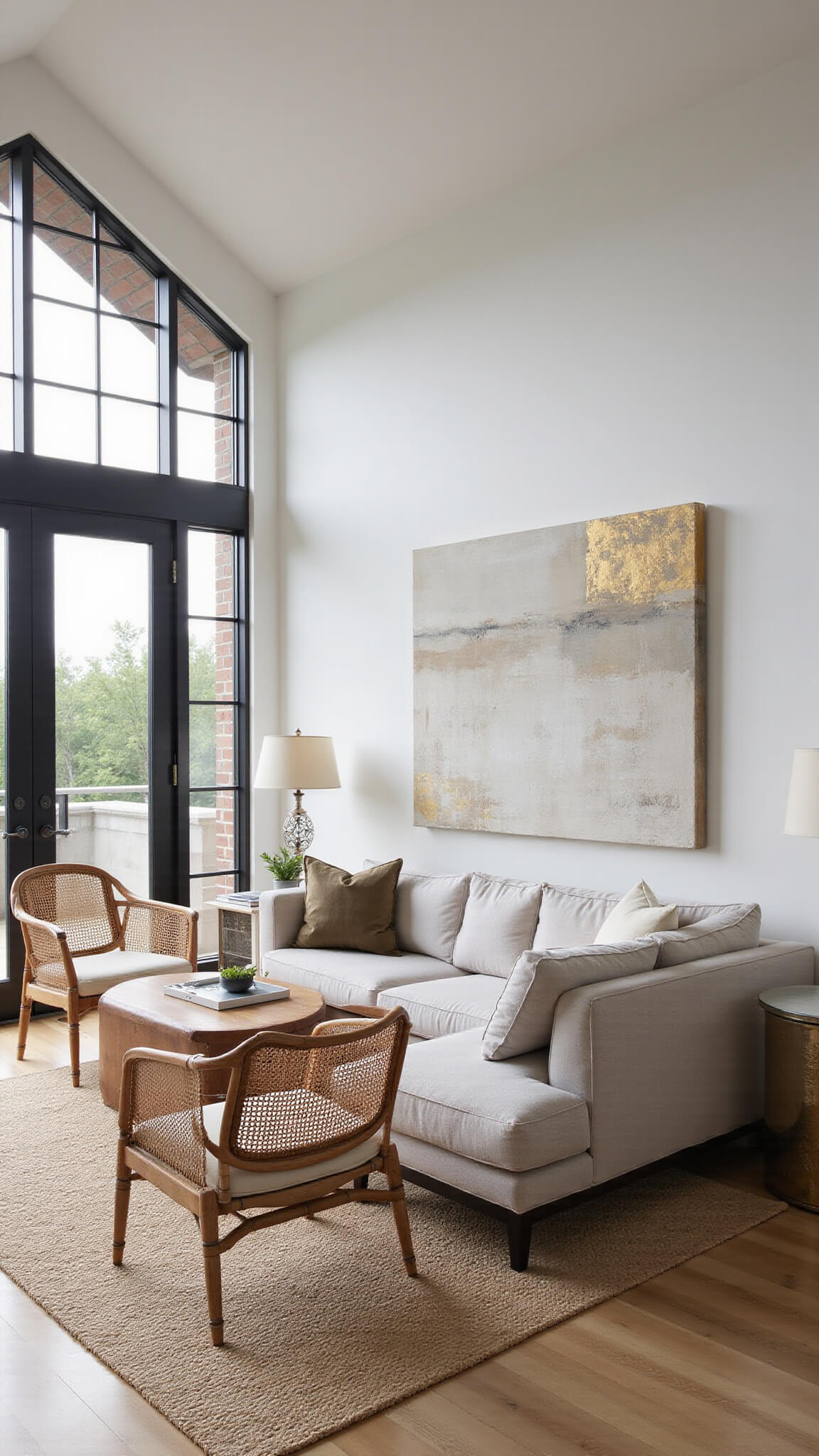 Sunlit transitional living space with greige sectional, vintage cream bouclé chairs, abstract art, and layered natural fiber rugs.