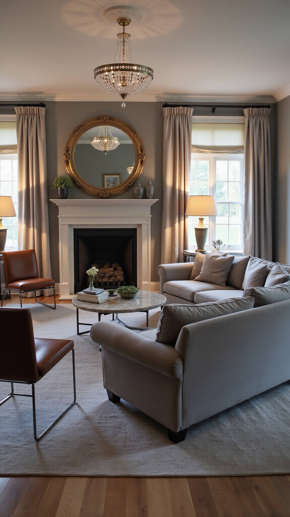 Low-angle view of a cozy transitional sitting room with soft lamp glow, dove gray velvet sofa, leather Barcelona chairs, antique mirror above limestone fireplace, and a crystal chandelier reflecting warm light.