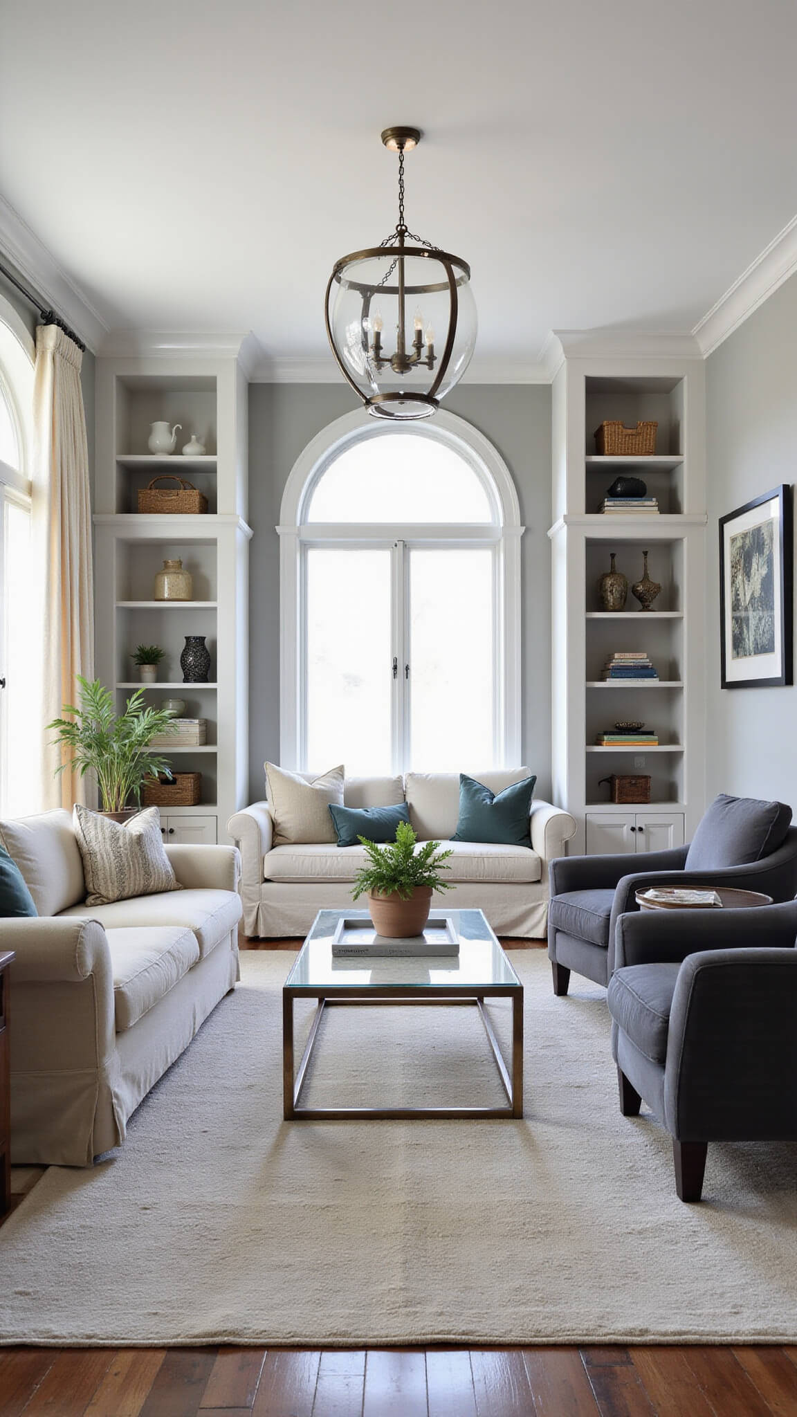 Transitional living room with oatmeal linen sofa, slate velvet chairs, Revere Pewter built-ins, arched windows, overdyed rug, and mixed metal accents.