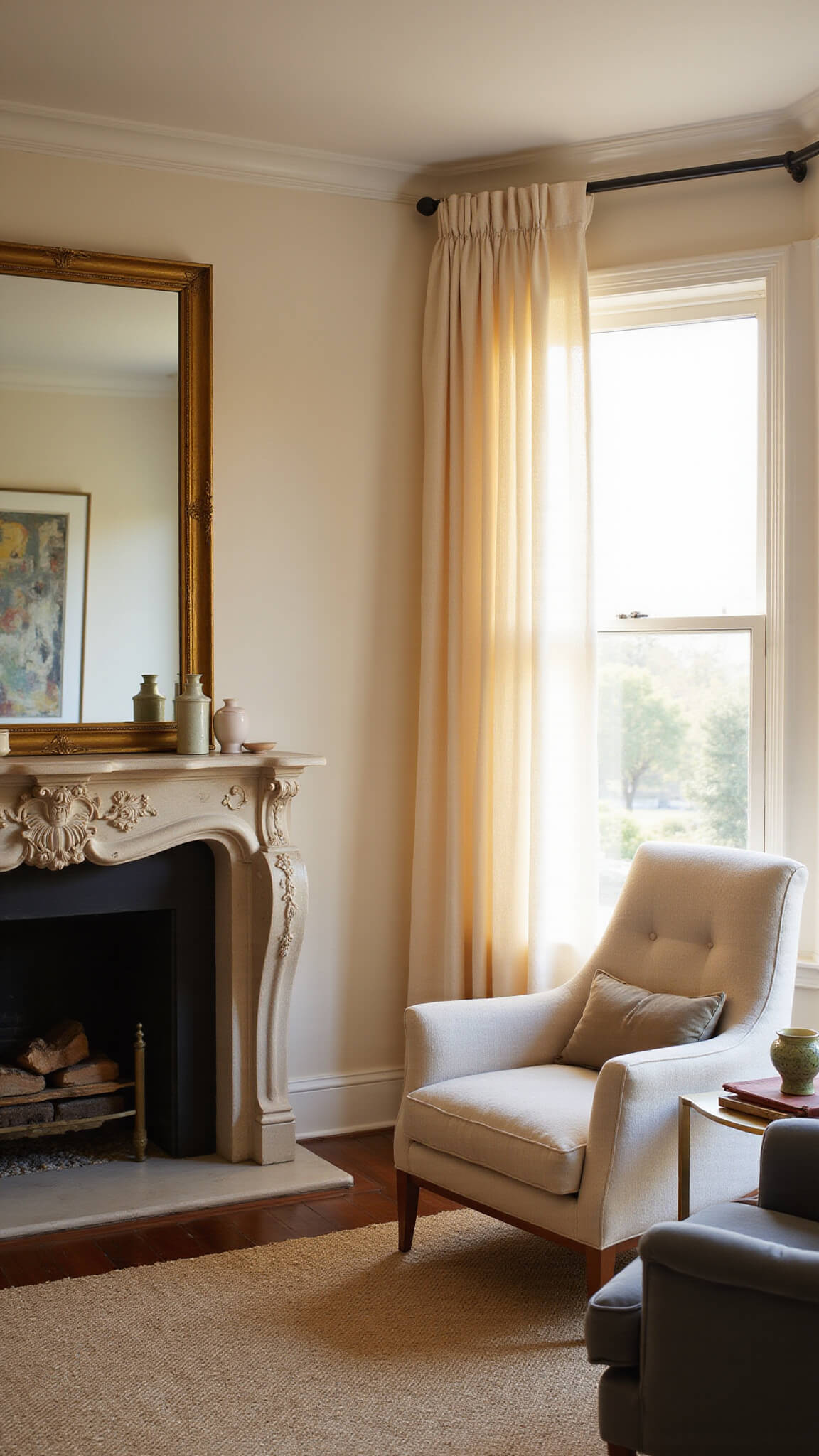 Transitional living room at sunset with cream bouclé sofa, slate velvet bergère chair, brass mirror, stone fireplace, layered rugs, and soft golden lighting.