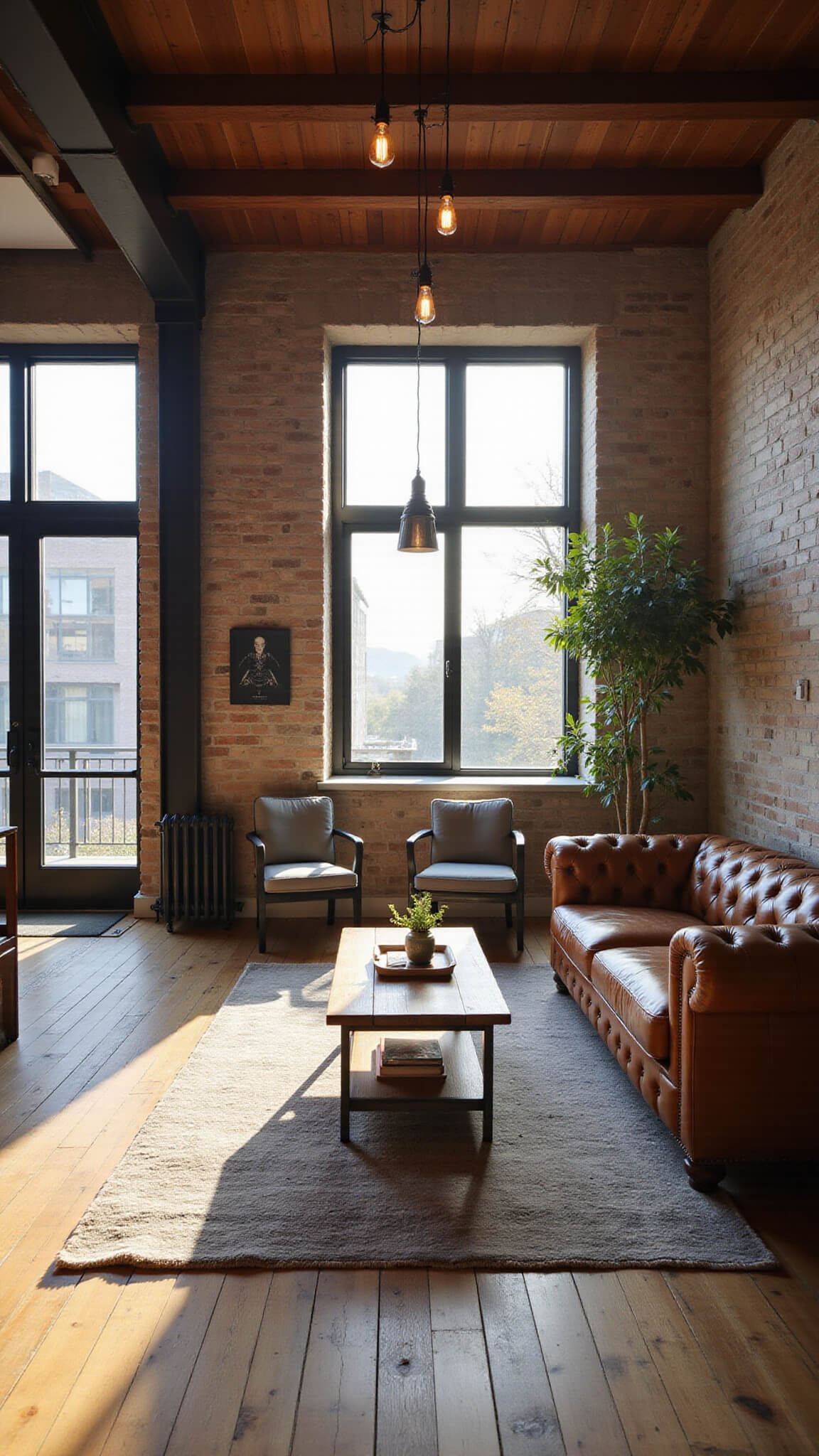 Industrial-style living room with golden hour sunlight, featuring a cognac leather Chesterfield sofa, black-framed windows, exposed beams, and vintage decor.