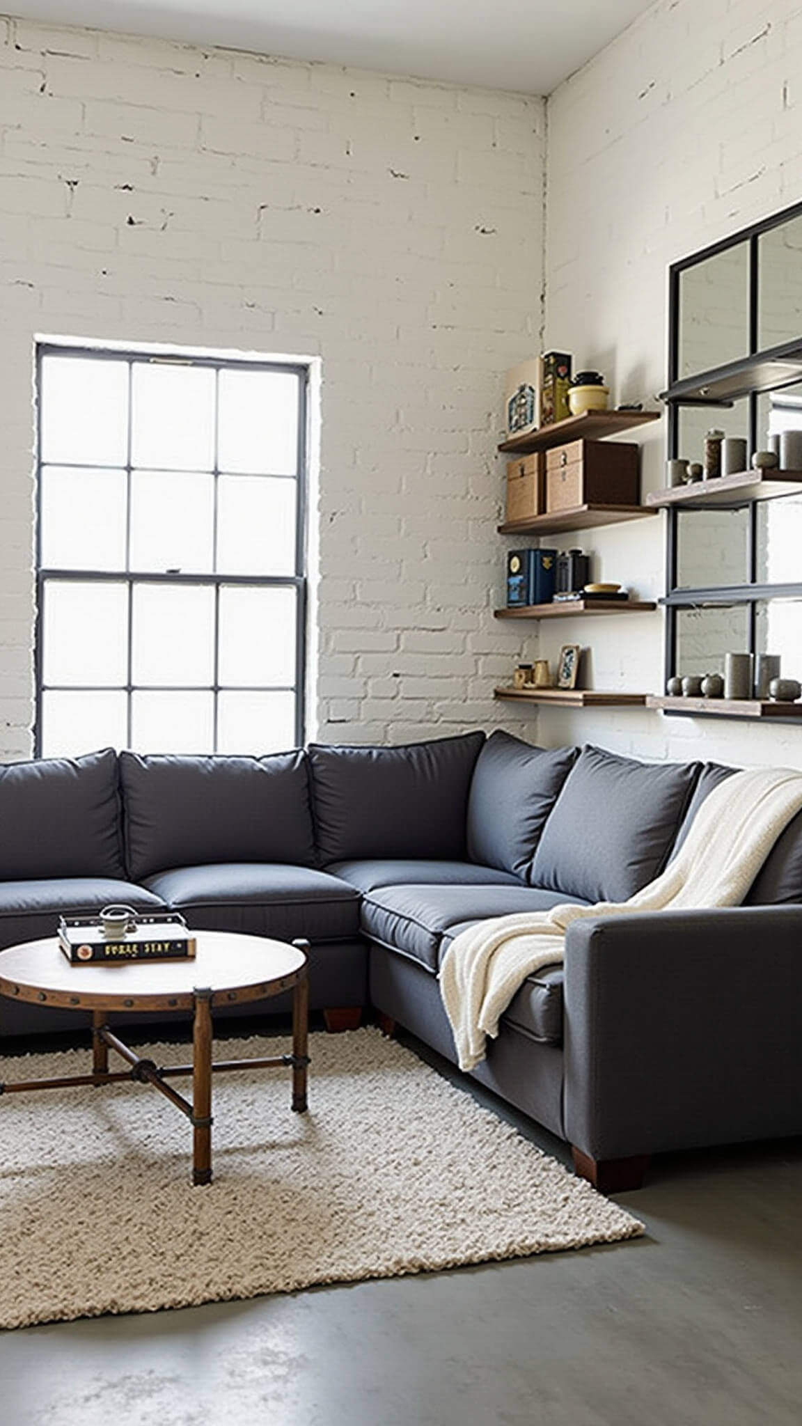 Corner view of modern living room with whitewashed brick walls, gray sectional, industrial shelving, and large factory mirror reflecting soft morning light.