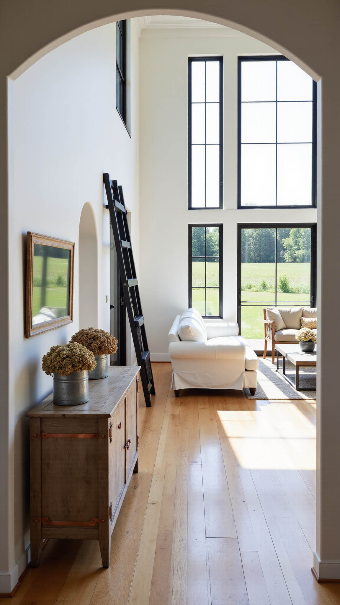Sunlit open-concept room with tall black-grid windows, white linen sofa, black ladder bookshelf, and rustic wood media console with copper accents.