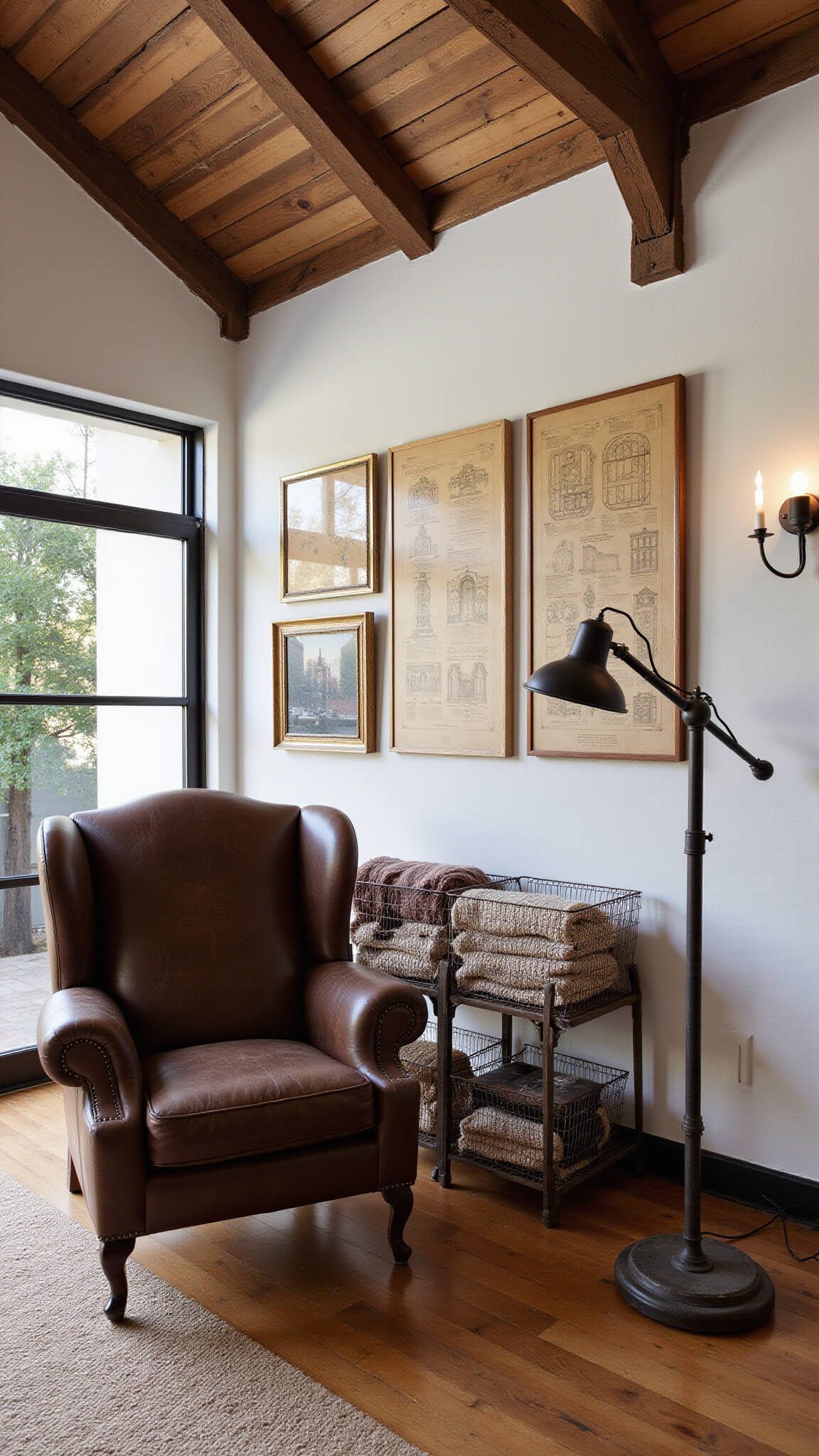 Cozy 14x16ft living room at dusk with cathedral ceiling, salvaged wooden beams, distressed leather wingback chair, industrial floor lamp, vintage blueprint gallery wall, and wire baskets with throws.
