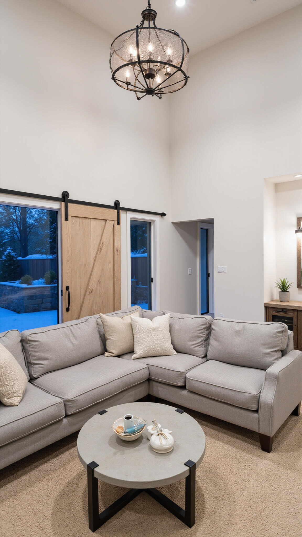 Modern farmhouse great room with greige sectional, reclaimed wood coffee table, iron chandelier, and sliding barn door during blue hour.