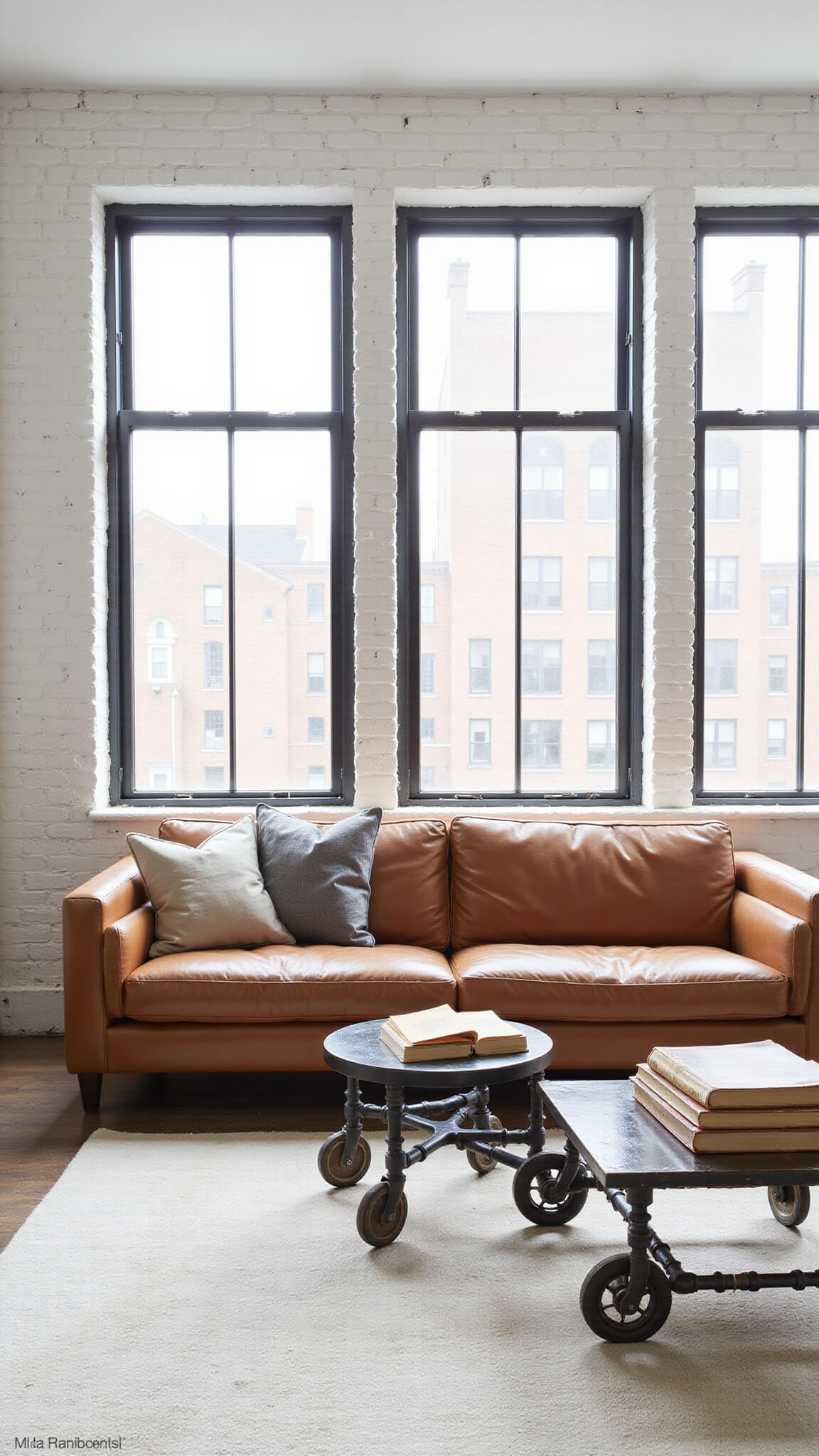 Minimalist 16x18ft living space with floor-to-ceiling steel-framed windows, tobacco brown leather sofa, vintage industrial cart coffee table, and black pipe shelving against a white brick wall.