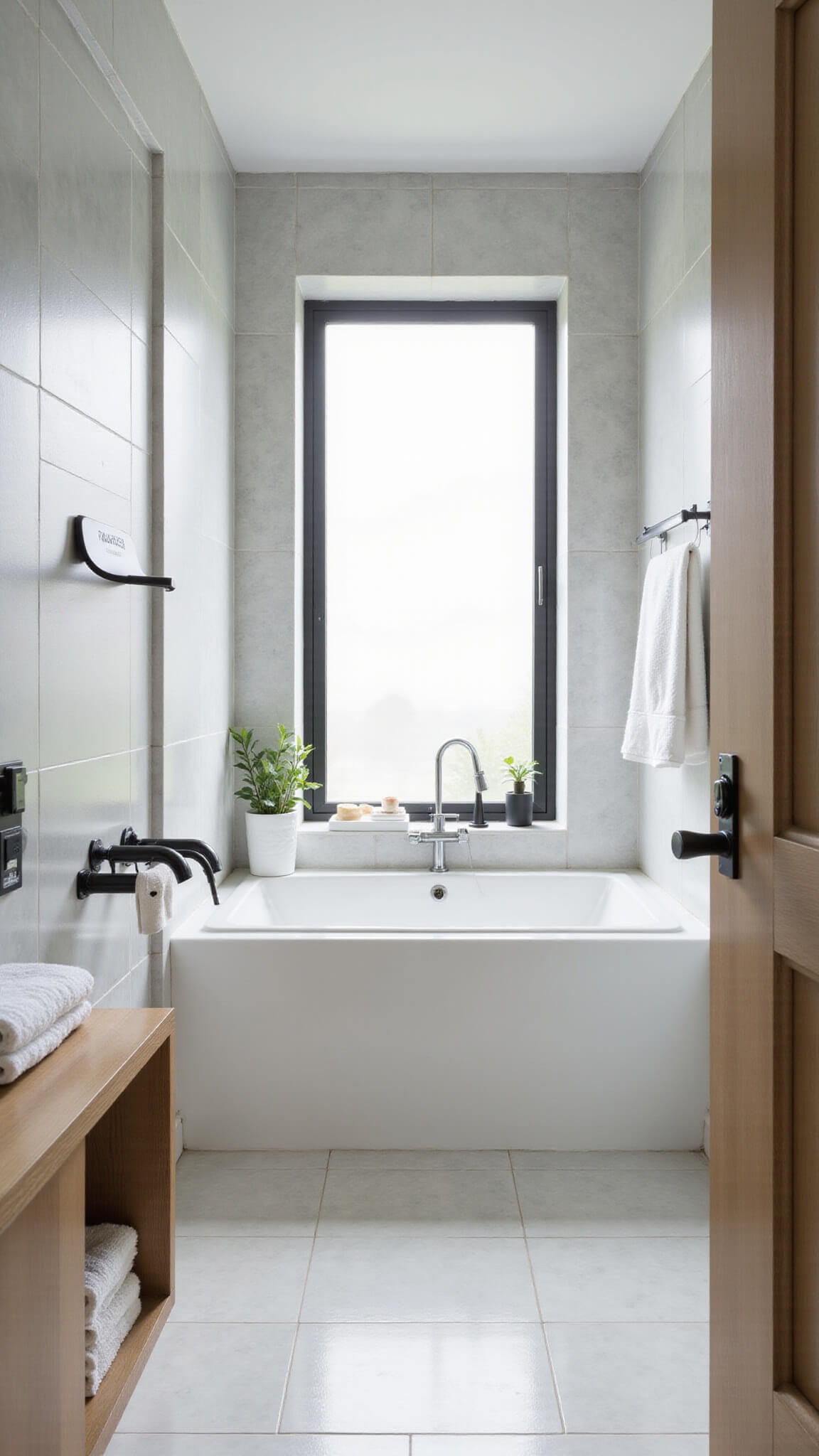 Modern minimalist 7'x9' bathroom with white alcove tub, gray marble tiles, pale oak floating vanity, and morning light through frosted window.