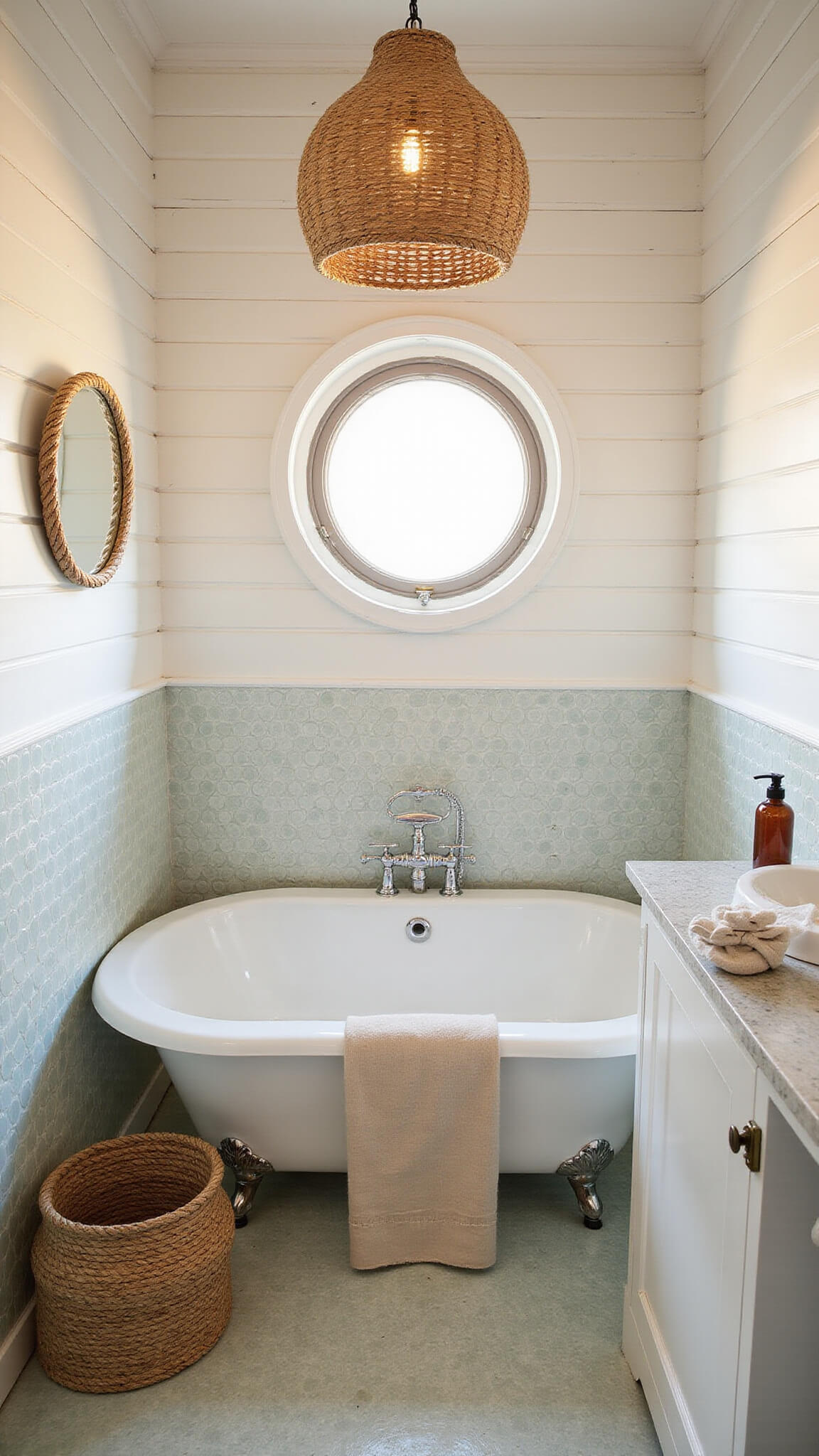 Coastal chic bathroom with seafoam penny tiles, weathered white shiplap walls, corner soaking tub under porthole window, rattan pendant light, rope mirror, seagrass basket, and linen curtain in sand tones at golden hour.