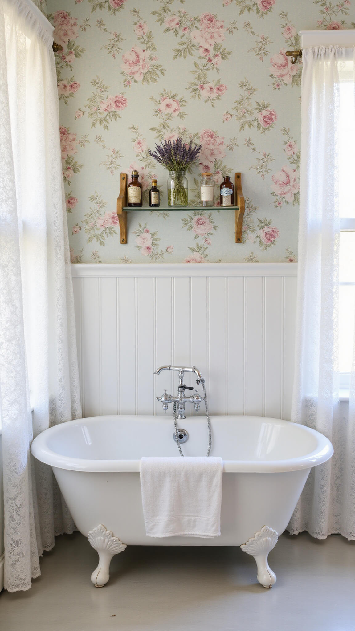 Cottage-style bathroom with floral wallpaper, cast iron tub, vintage glass shelf holding apothecary bottles and dried lavender, bathed in soft afternoon light through lace curtains.