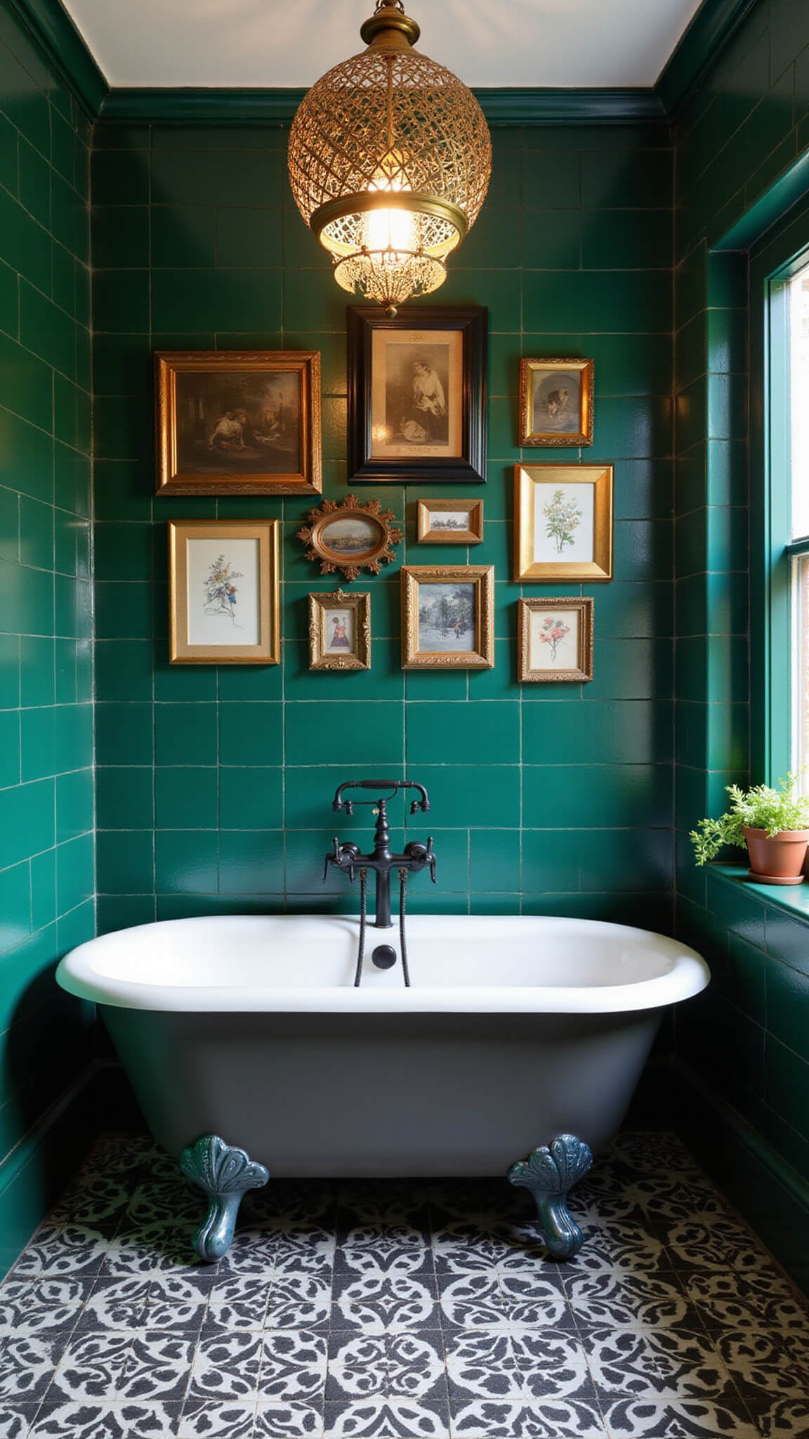 Eclectic small bathroom with emerald tiles, matte black fixtures, white pedestal tub, vintage frame gallery wall, Moroccan light, and bold black-and-white geometric floor tiles.
