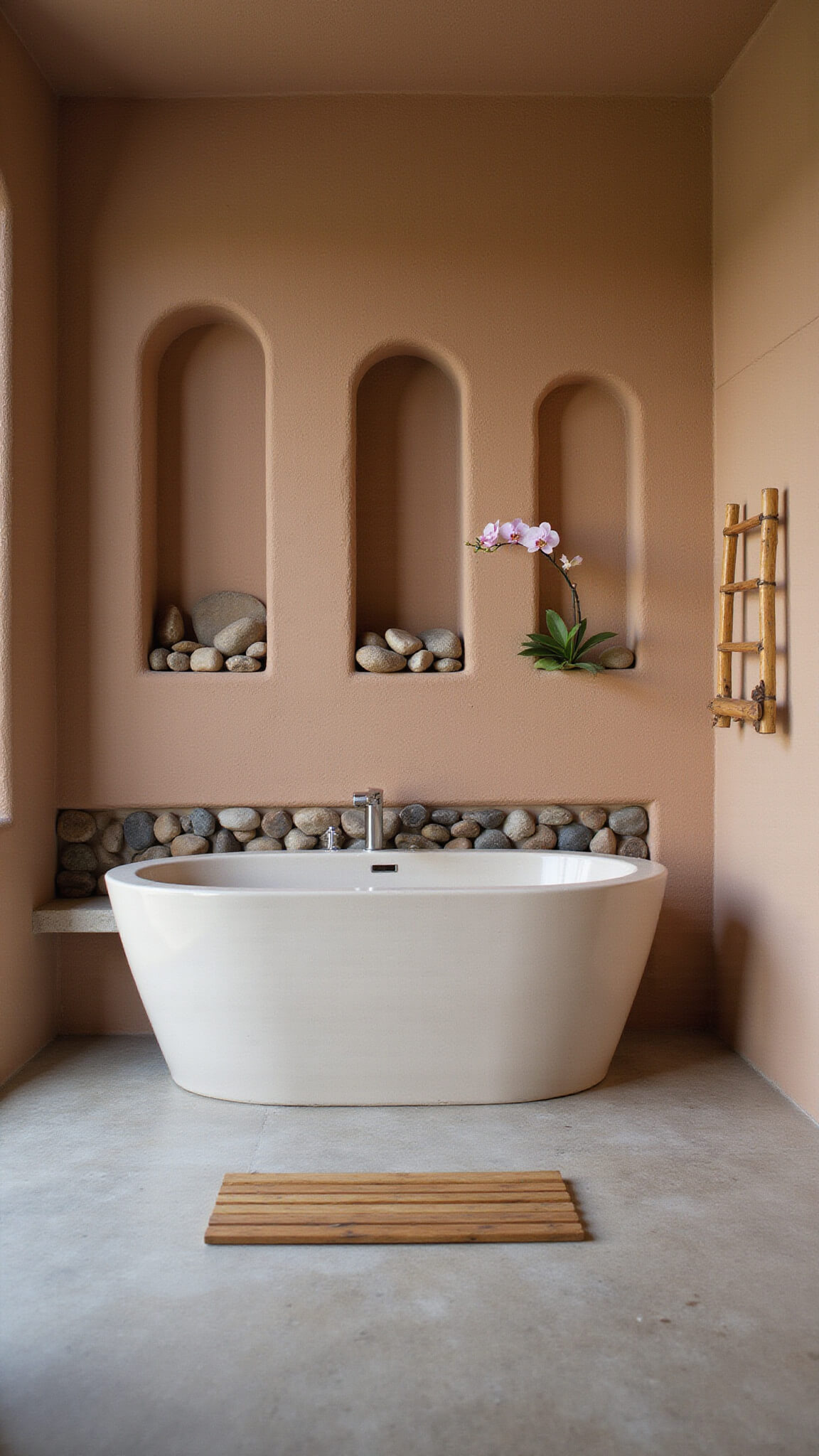 Zen-inspired bathroom with minimalist Japanese soaking tub, textured clay walls, teak mat, bamboo towel rack, river rock niches, and morning light casting soft shadows.