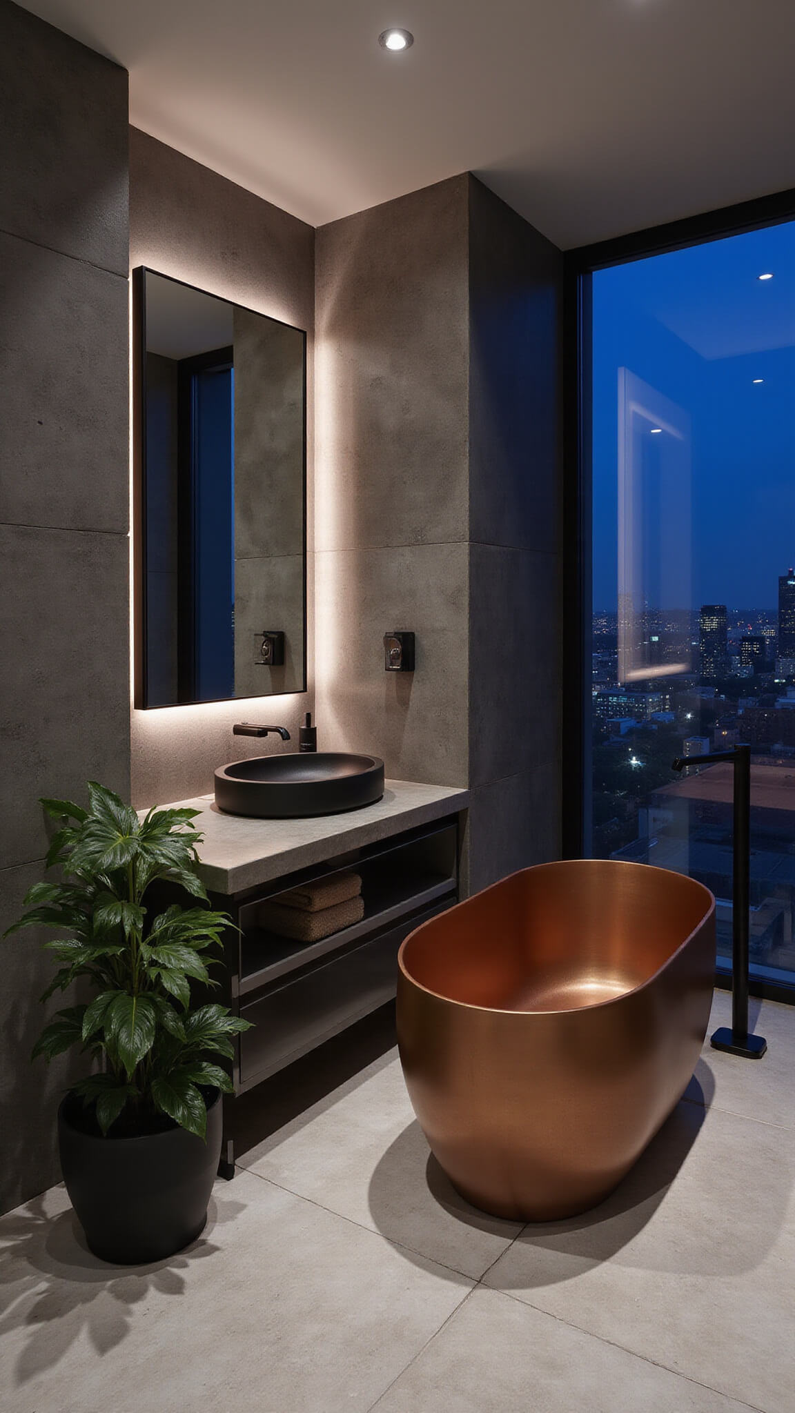 Contemporary luxe bathroom with copper freestanding tub, marble-effect tiles, backlit mirror, LED lighting, and black matte accents during blue hour.