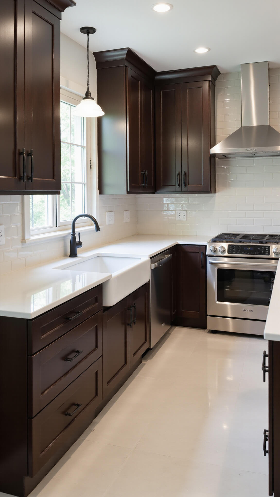Contemporary 12x15ft kitchen with espresso cabinets, white quartz countertops, center island, stainless steel appliances, and floor-to-ceiling windows filling the space with morning light.