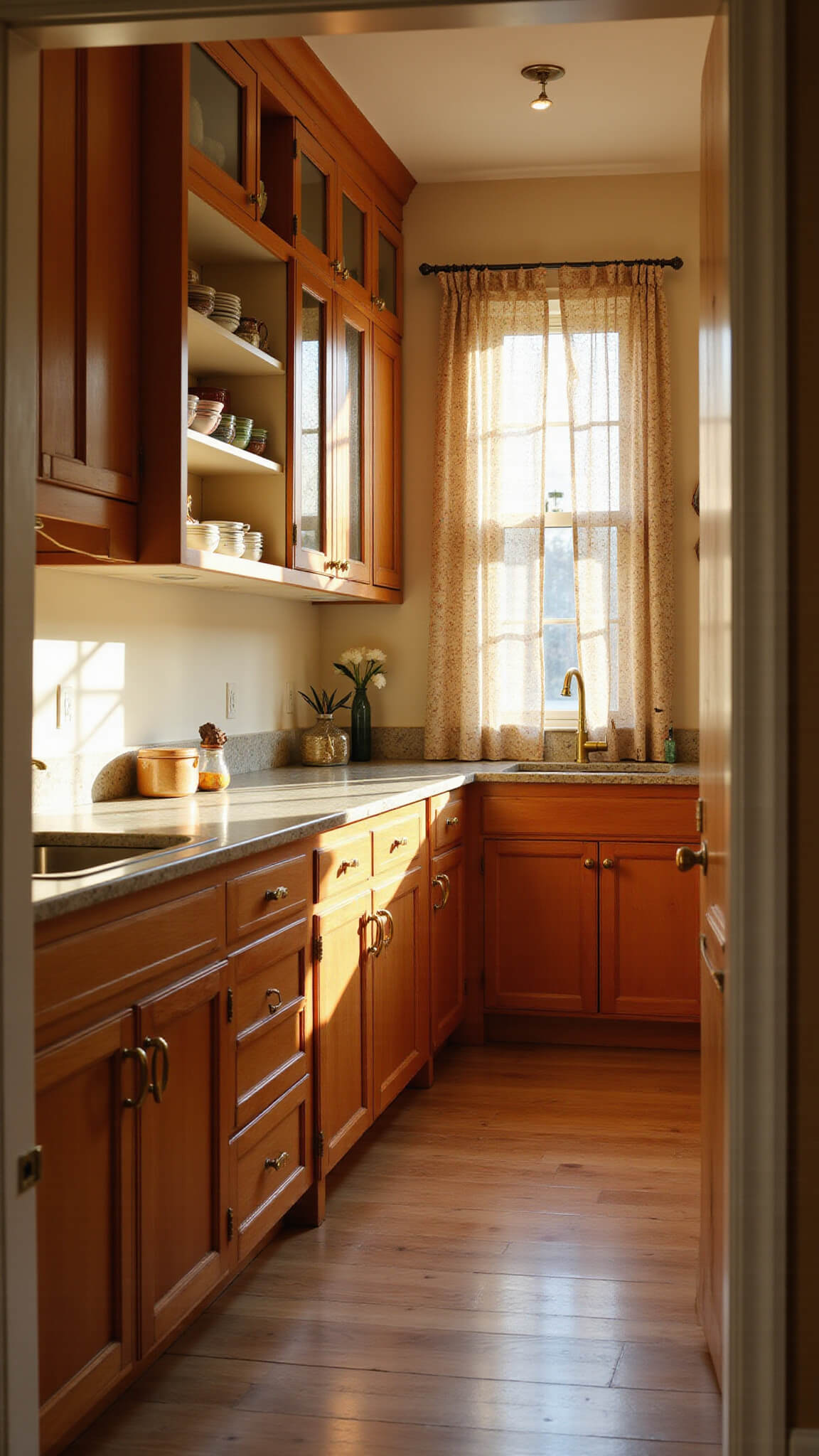 Cozy 8x14ft galley kitchen at golden hour with honey-toned cabinets, marble countertops, brass fixtures, and warm sunlight streaming through sheer curtains.
