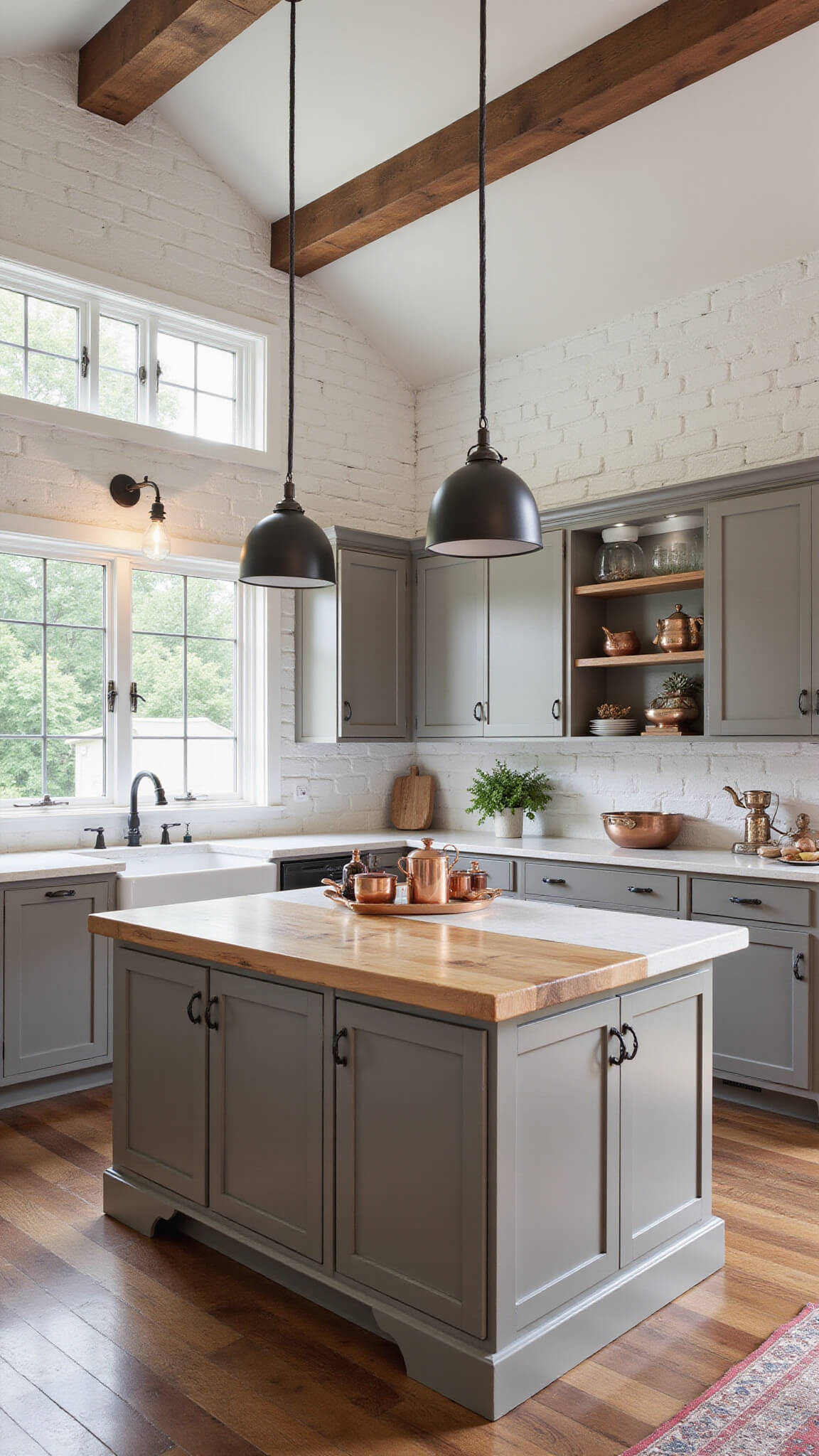 Modern farmhouse kitchen with vaulted ceiling, taupe shaker cabinets, whitewashed brick walls, large island, copper cookware, and natural midday lighting.