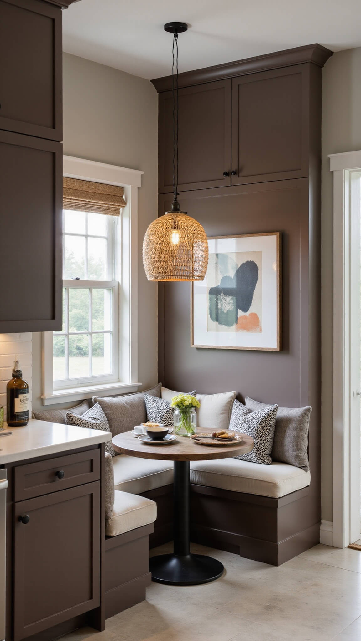 Cozy breakfast nook with built-in banquette, round table, mocha brown pantry wall, woven pendant light, and abstract art in soft morning light.
