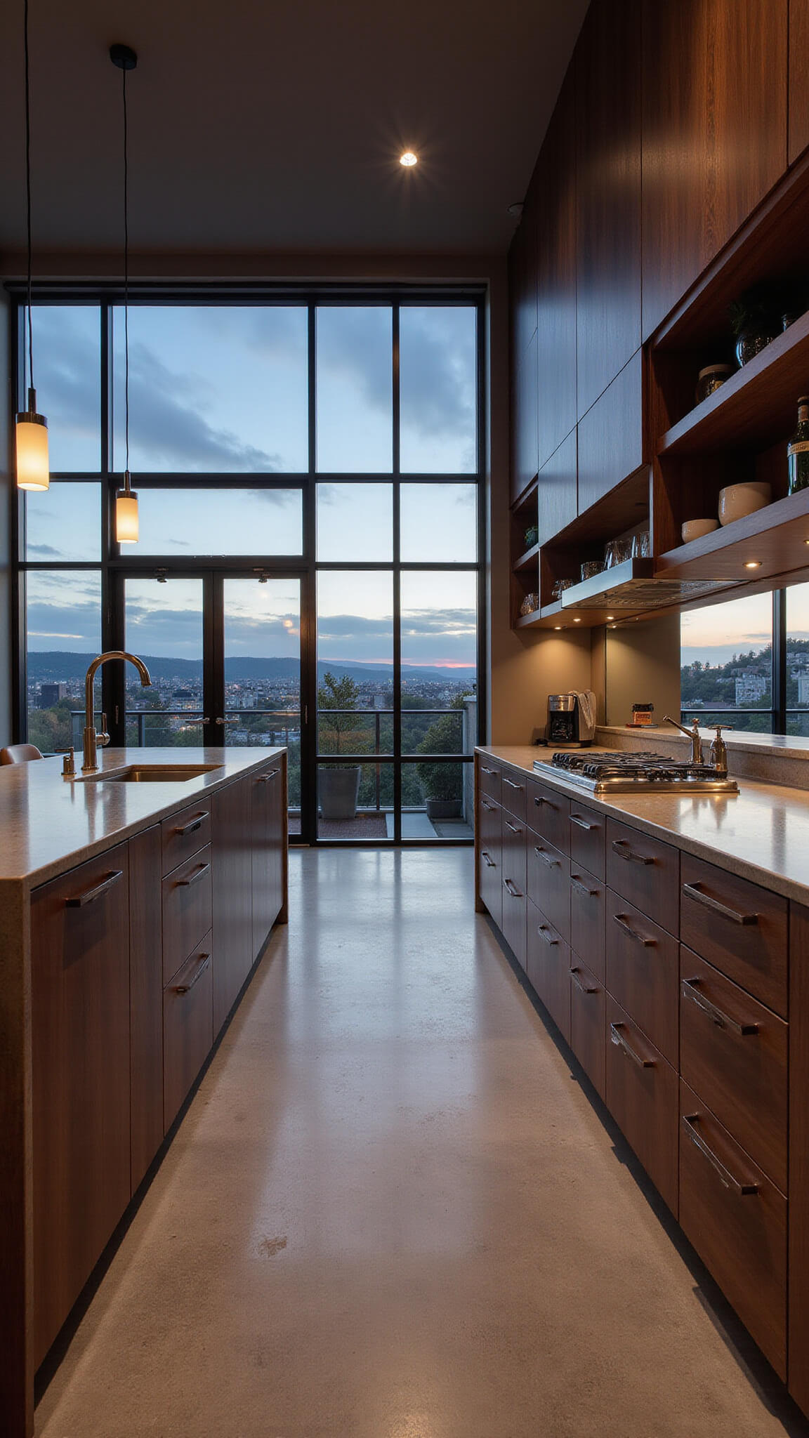 Industrial-chic open concept kitchen with dark walnut cabinets, polished concrete floors, and steel-framed windows overlooking a city at dusk.