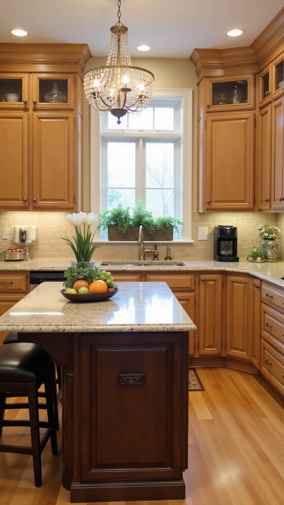 Traditional 14x16ft kitchen with light oak upper cabinets, deep chocolate lower cabinets, granite countertops, crystal chandelier, and herb garden in window, viewed from corner at eye level in soft afternoon light.