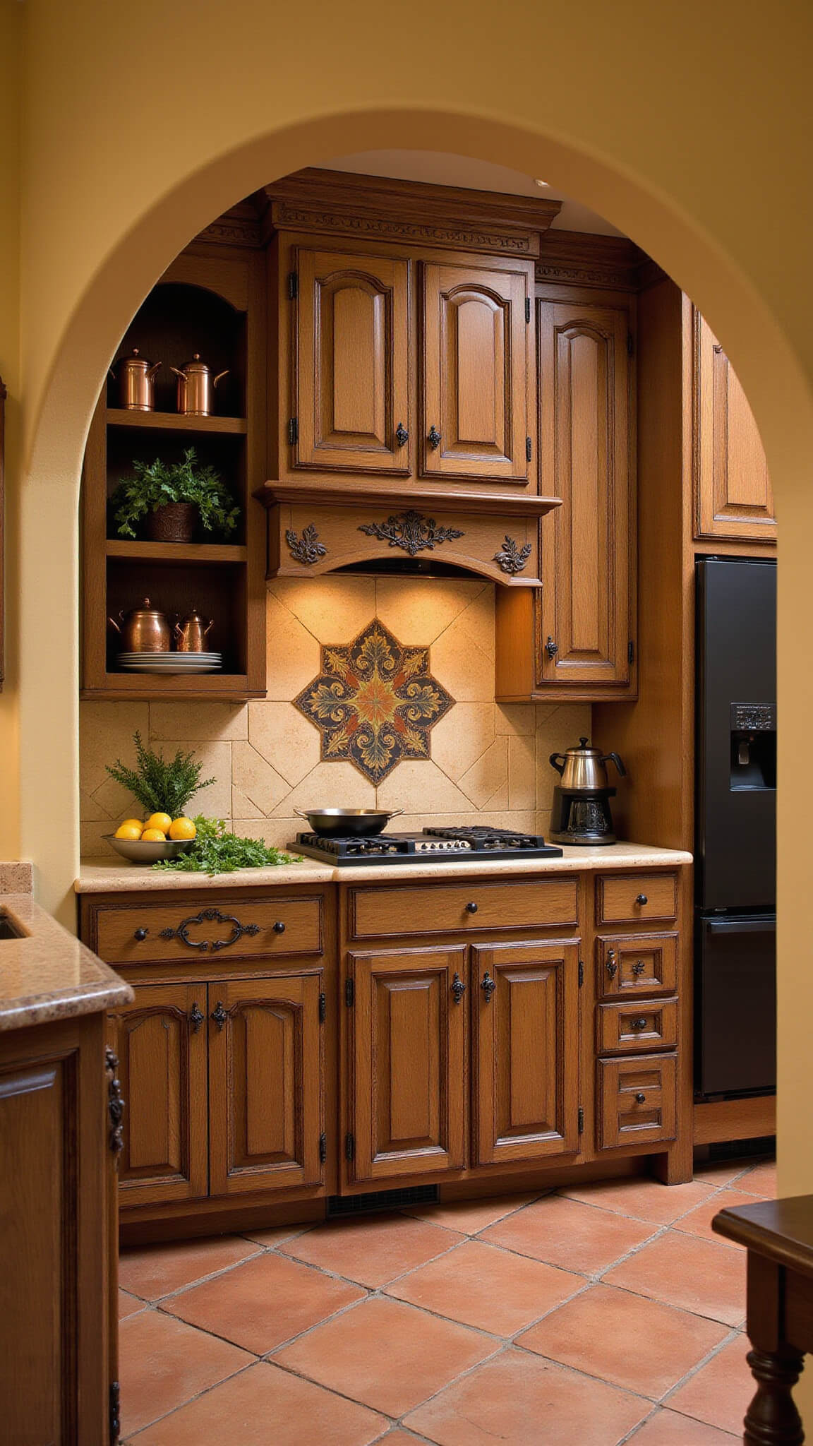 Mediterranean-style kitchen with distressed brown cabinets, terracotta floors, arched entrance, and copper cookware at sunset.