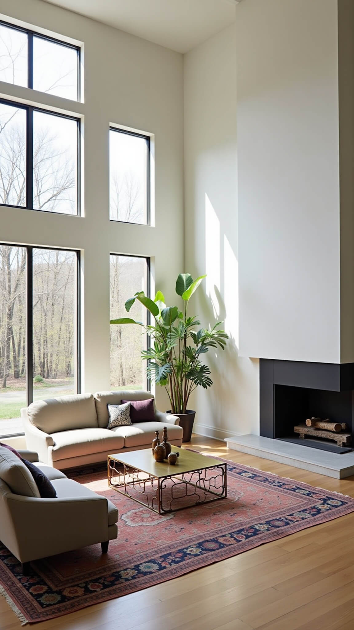Bright contemporary-traditional living room with tall ceilings, black limestone corner fireplace, curved oatmeal sectional, brass coffee table, and layered vintage rugs in natural morning light.