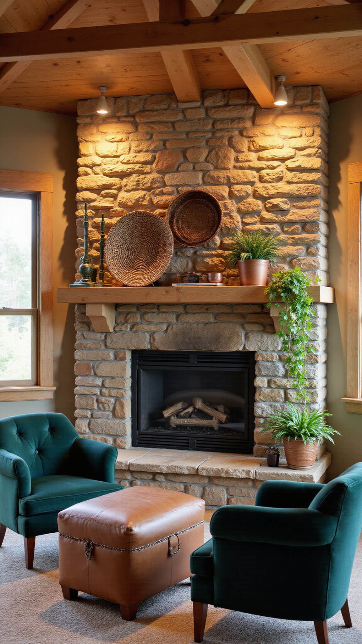 Cozy 12x14ft modern farmhouse den with exposed beams, stone fireplace, green velvet chairs, and bohemian accents at golden hour.