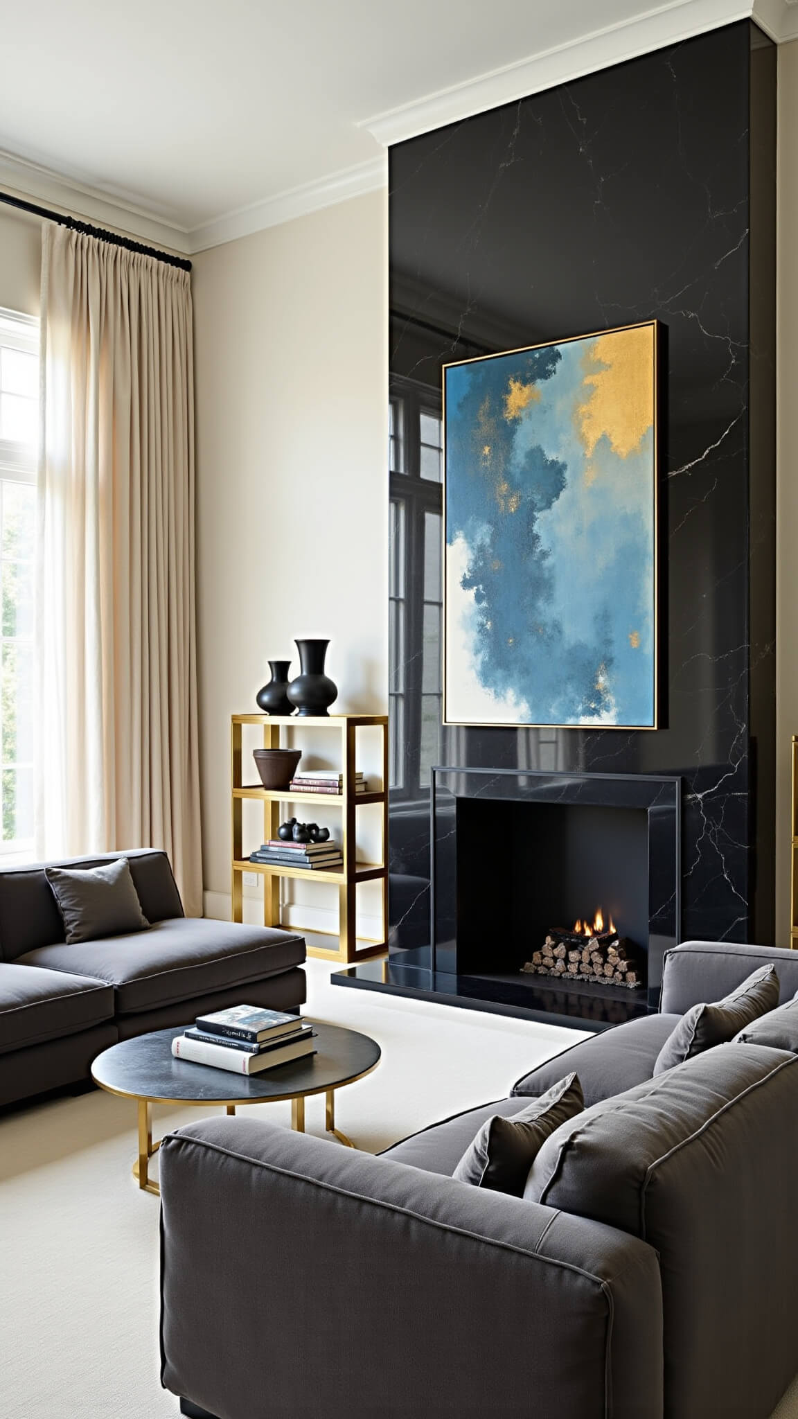 Luxe contemporary great room with black marble corner fireplace, charcoal bouclé sectional, brass étagères, and abstract blue-and-gold artwork.