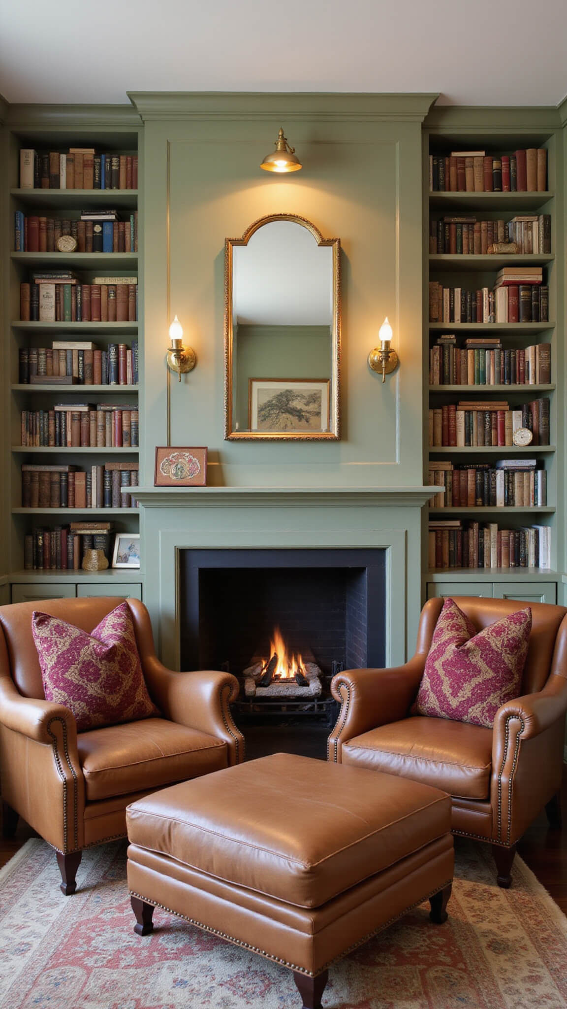 Cozy 14x16ft reading nook with sage green built-in bookshelves around a whitewashed corner fireplace, leather chair and ottoman, vintage pillows, and Art Deco mirror reflecting warm dusk lighting.
