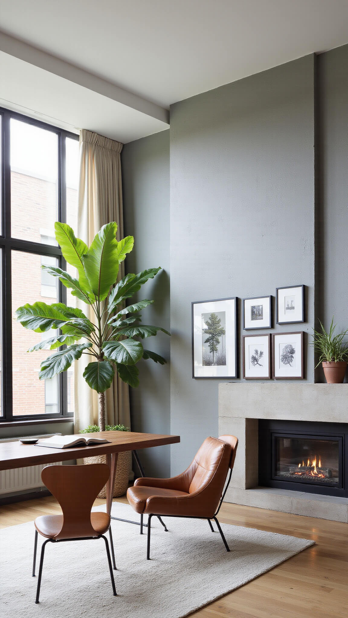 High-angle view of industrial modern 16x18ft office with corner fireplace, floating concrete hearth, walnut desk, cognac leather chair, steel-framed windows, gallery wall, and fiddle leaf fig.