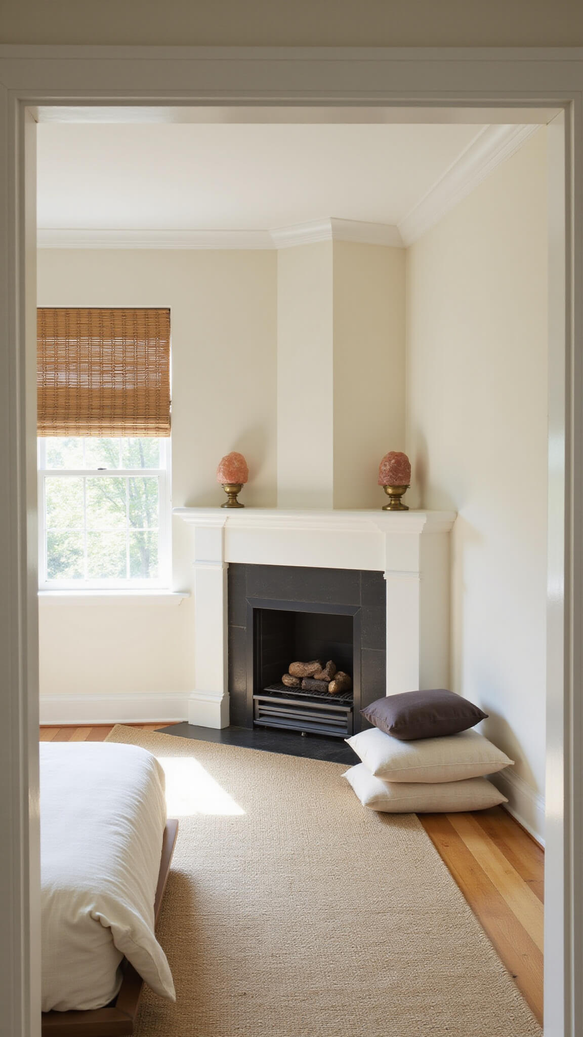 Minimal Zen primary bedroom with platform bed facing a reimagined corner fireplace meditation nook, soft morning light filtering through bamboo shades.