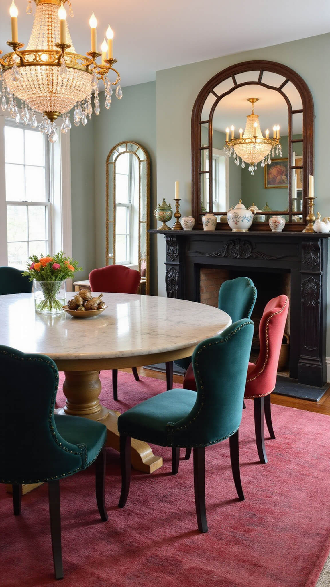 Maximalist vintage dining room with round marble table, jewel-toned velvet chairs, black corner fireplace, crystal chandelier, and antiqued mirror panels.