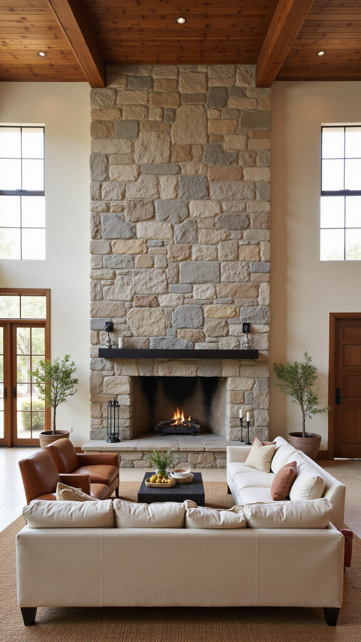 Sunlit great room with floor-to-ceiling limestone fireplace, cream sectional, leather armchairs, vintage rugs, and potted olive trees.