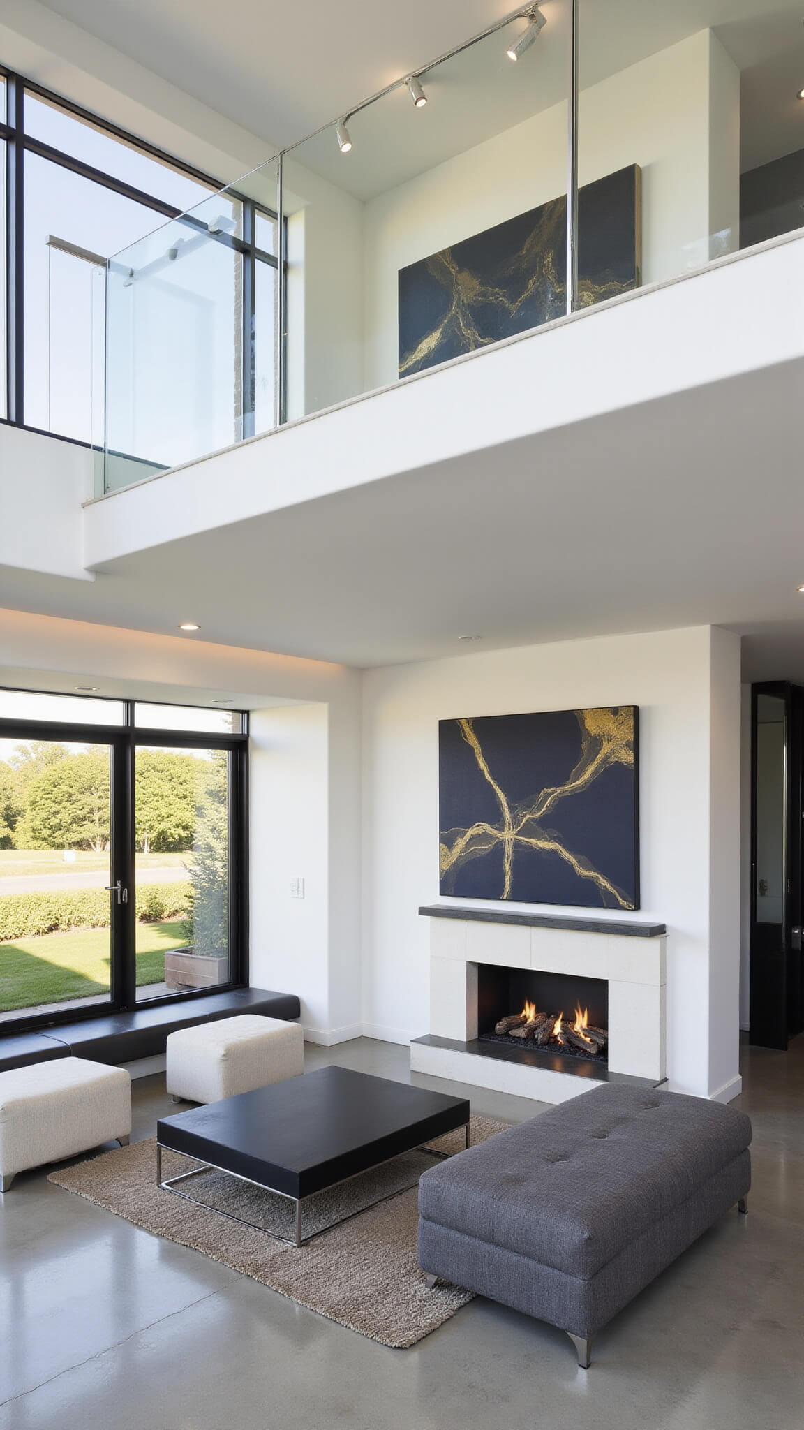 Modern minimalist two-story living space with large windows, titanium-framed linear fireplace, crystal media bed, polished concrete floors, Italian furniture, and abstract navy-gold artwork, viewed from mezzanine.