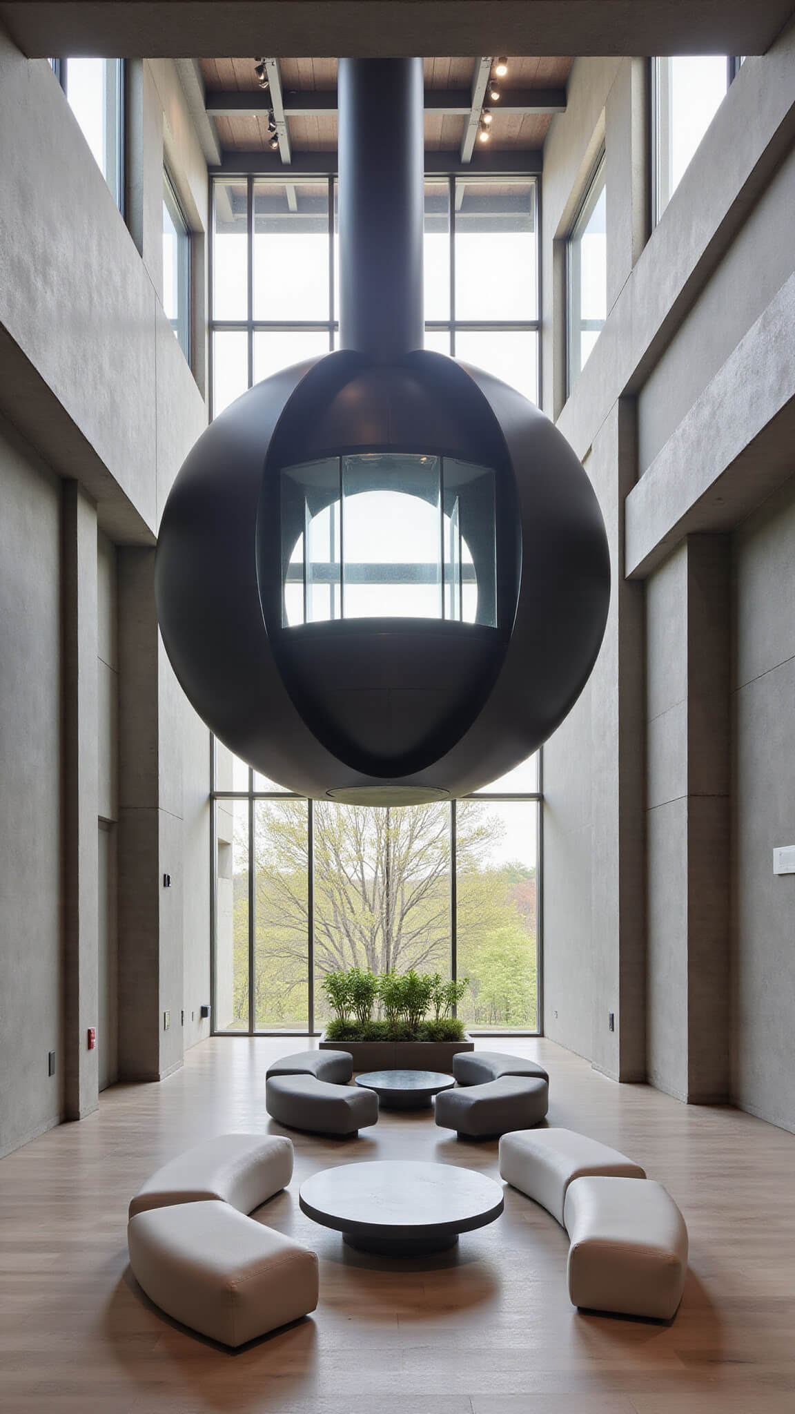 Floating matte black orb fireplace suspended in a double-height atrium with white oak floors, curved pearl gray seating, brass tables, and morning light streaming through clerestory windows.
